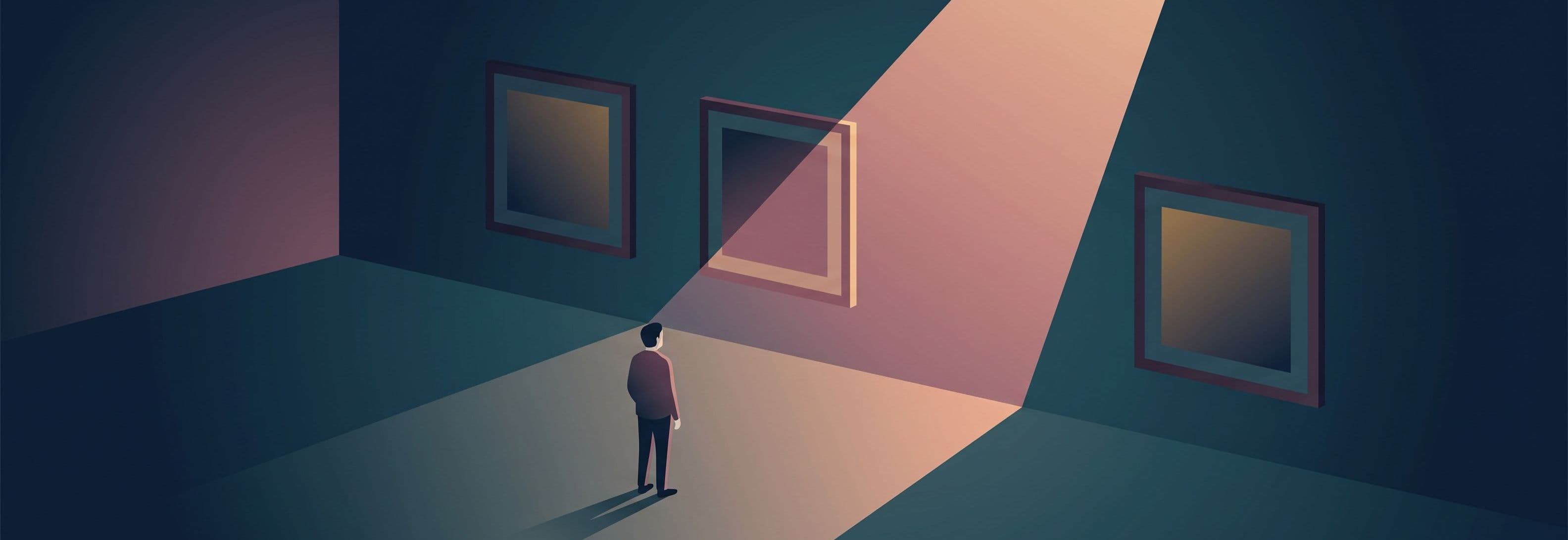 Empty gallery. Three identical frames on a wall. The gap between two frames is lit while the frames sit in shadow.