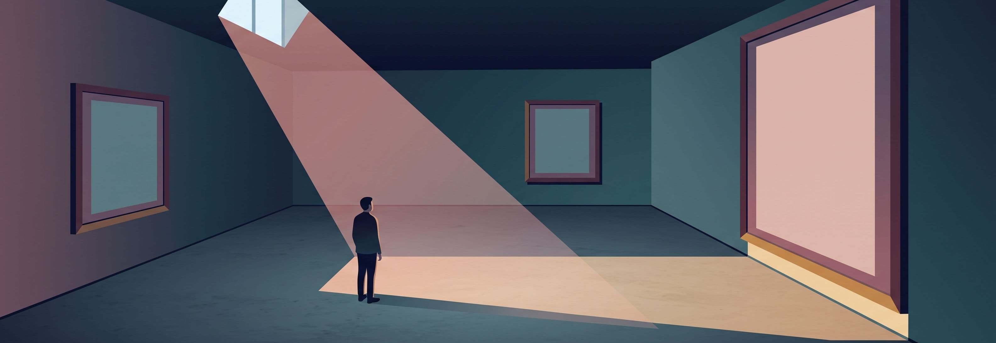 Lone figure in empty gallery facing three identical picture frames, one vastly oversized.