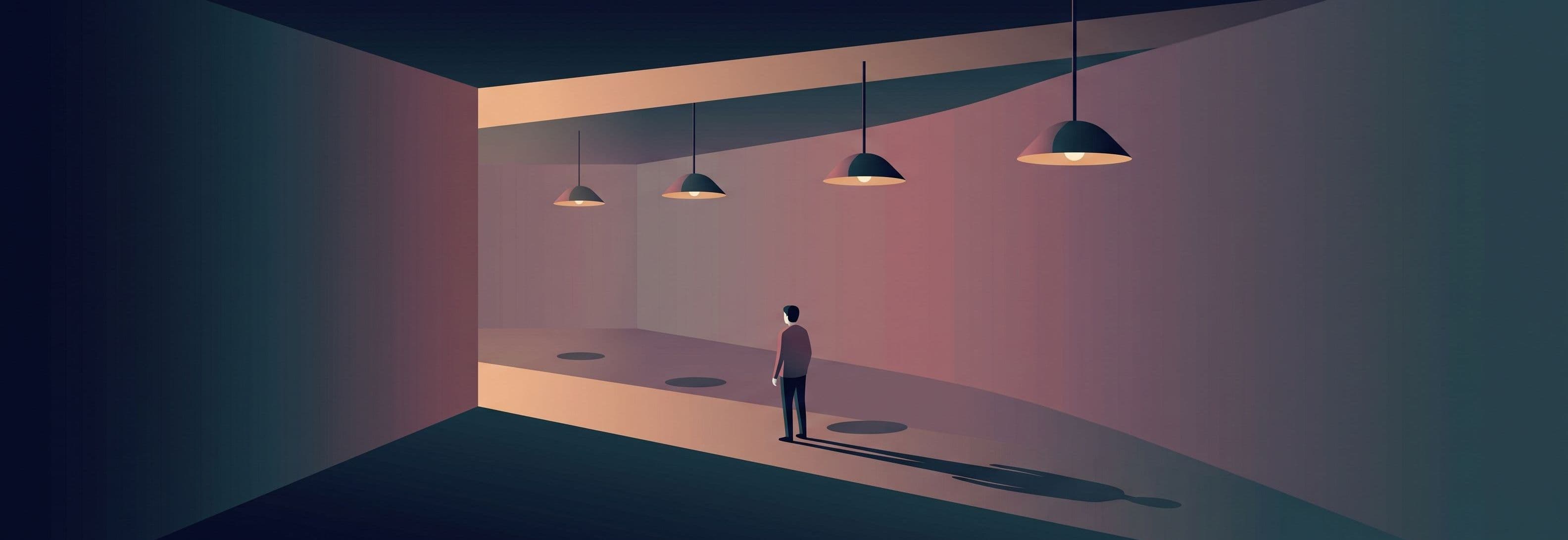 A solitary figure stands in an empty corridor beneath four identical ceiling lights that float slightly above the ceiling