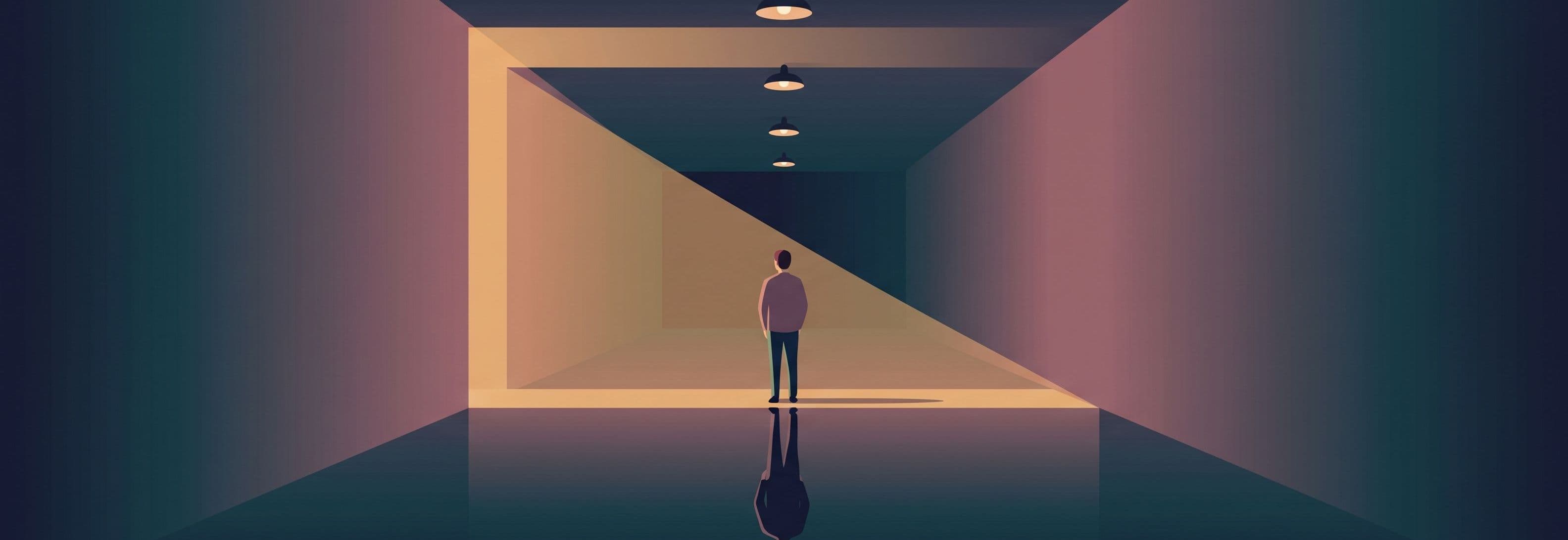 Lone figure in empty corridor faces away; reflection on floor stands at opposite angle, facing back.