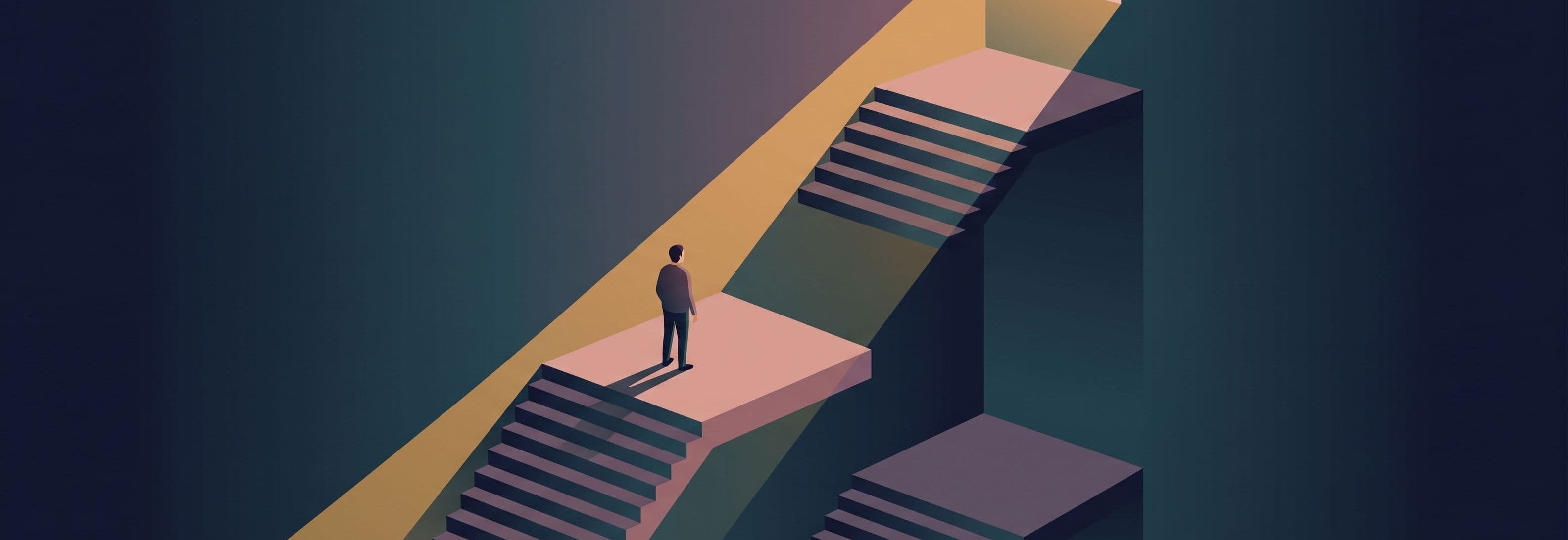 A person stands on one of three identical landings in a stairwell. The middle landing is missing.
