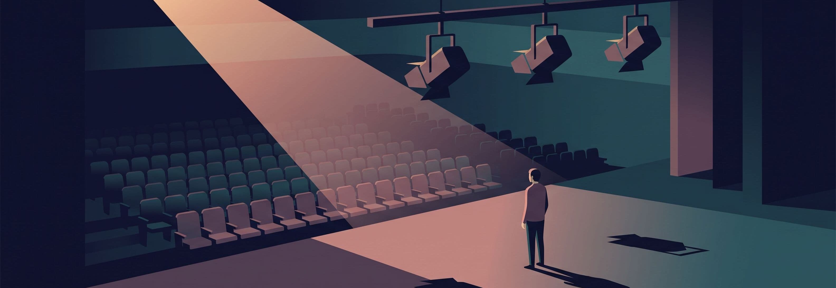 Figure on empty stage facing dark auditorium. Three identical suspended lights cast shadows on floor below as if still