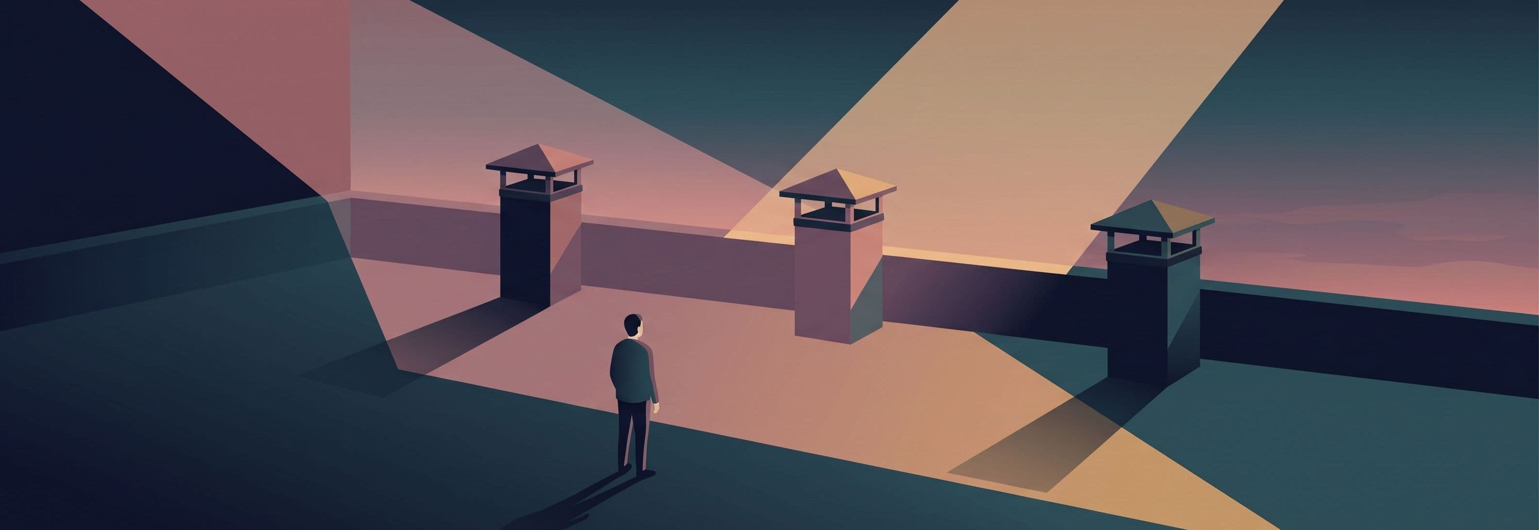 Rooftop at dusk. Three identical ventilation stacks cast three different shadows—one long, one absent, one opposite—under a