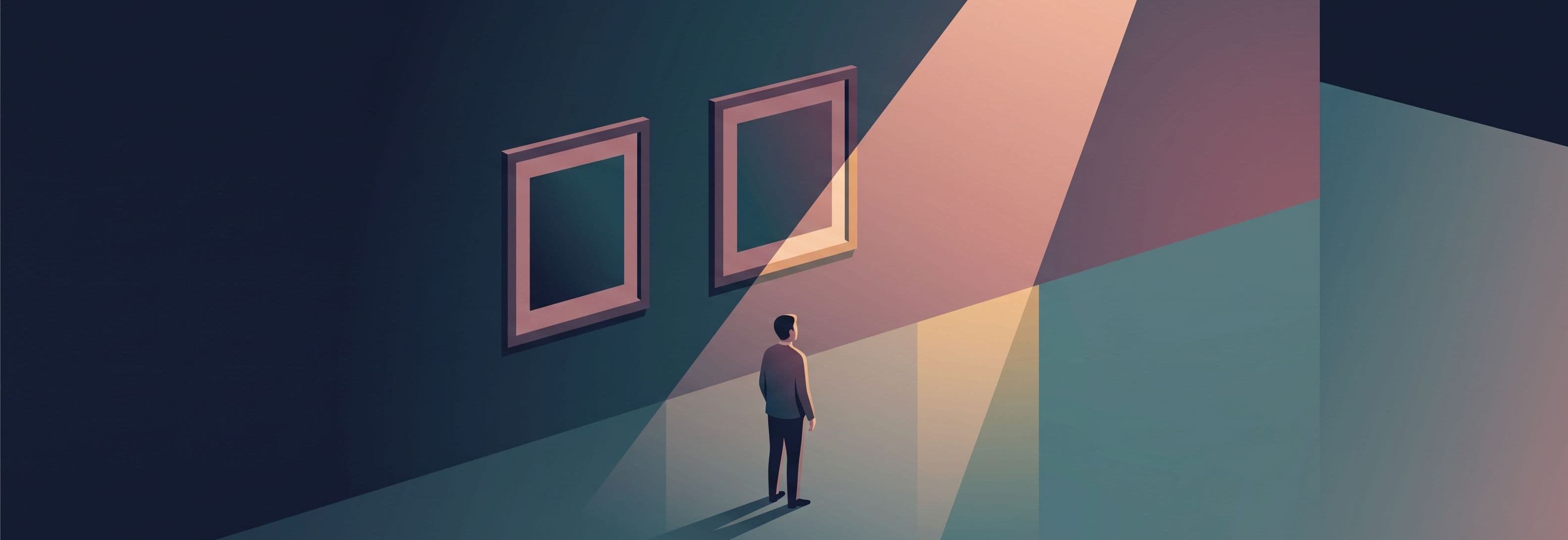 Empty gallery. Three identical frames on a wall. The space where the third should hang is brightly lit while the two present