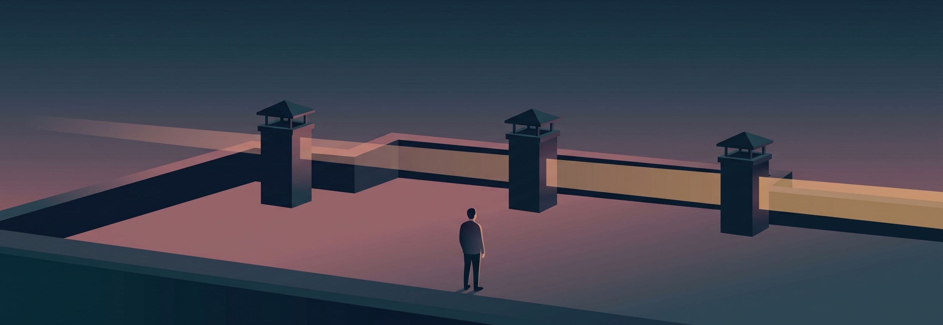 Figure on empty rooftop faces three identical vents. Light beam passes straight through all three as if they don't exist.