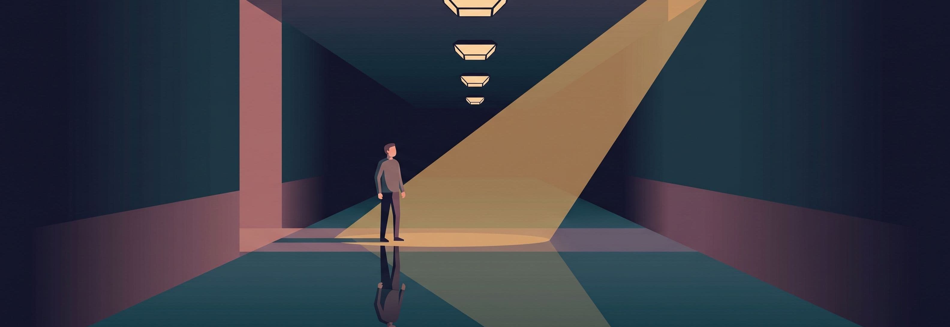 A figure stands in a corridor beneath four identical ceiling lights. Its reflection on the floor does not match its stance.