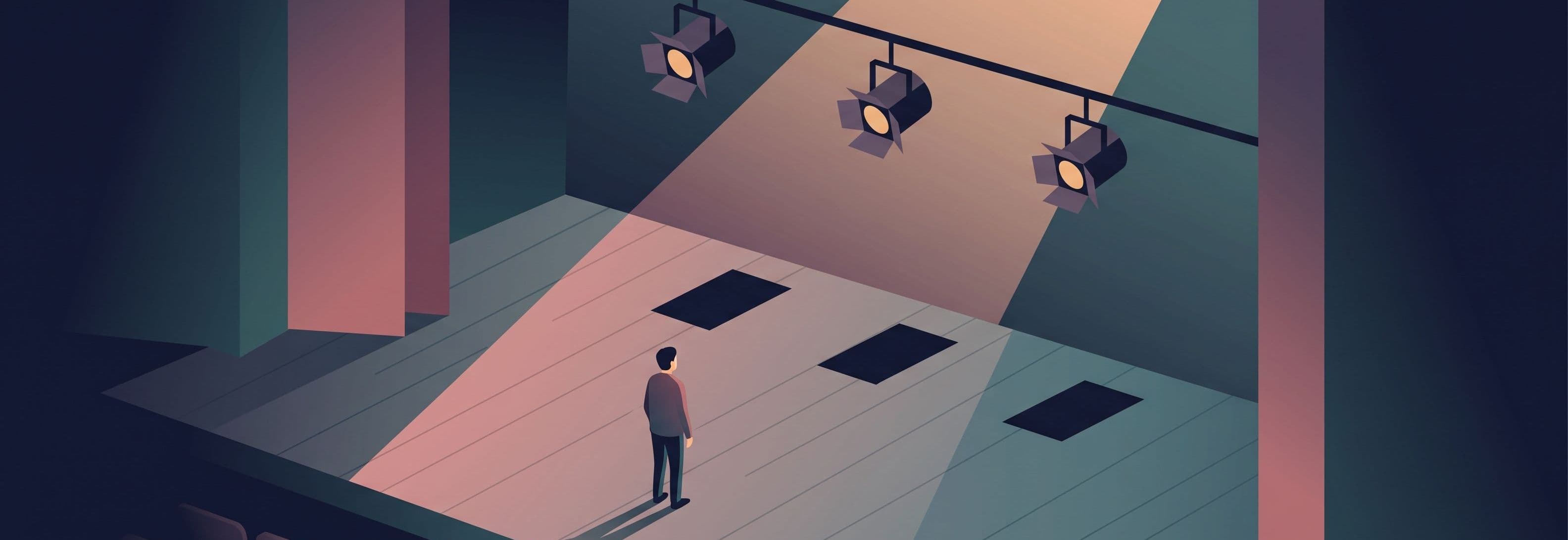A lone figure faces an empty auditorium from a bare stage. Three identical lights hang above the floor, their shadows falling