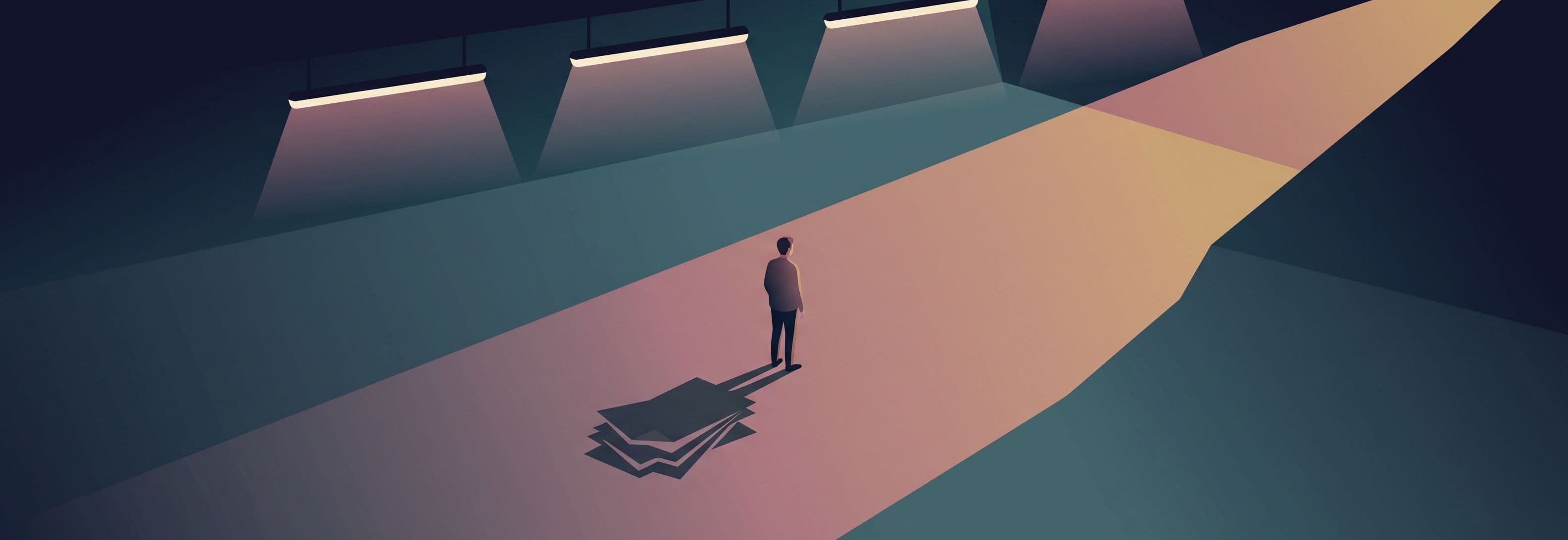 Figure in empty car park beneath four identical strip lights; shadow cast is not human but geometric, like stacked papers.