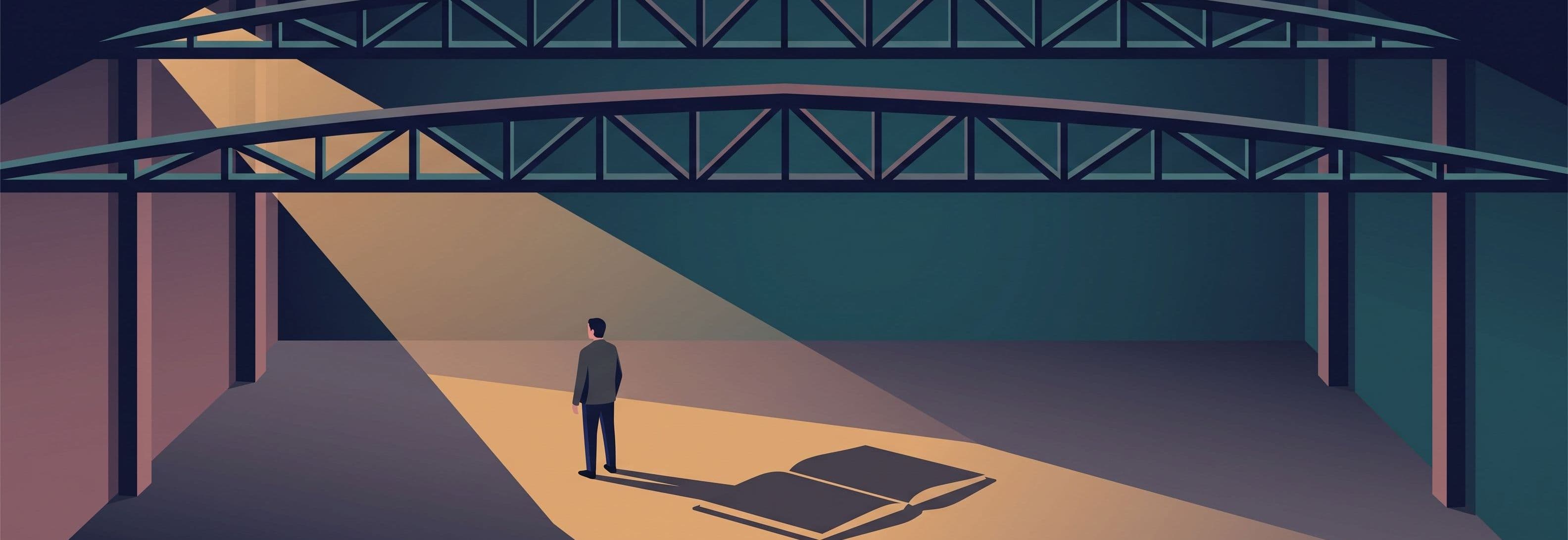 Lone figure in empty warehouse with two identical trusses; their shadow on the floor is a ledger, not a person.