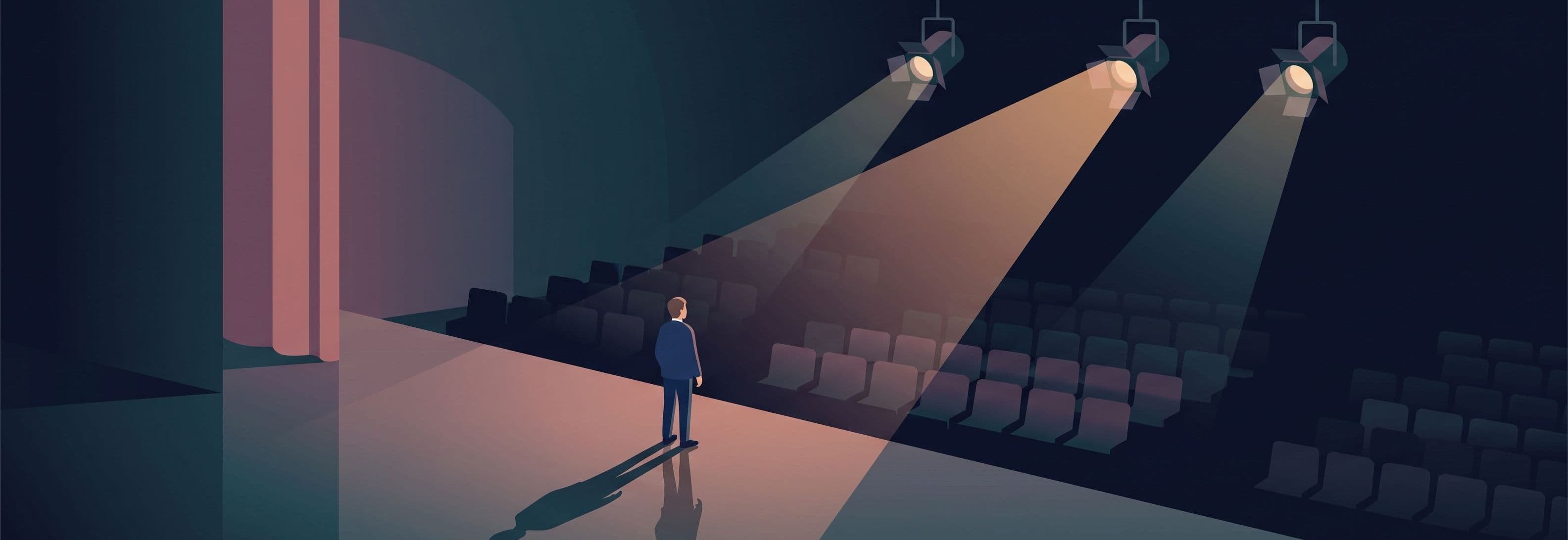 Figure on stage facing empty theatre. Three identical lights cast reflections that don't match the figure's orientation.