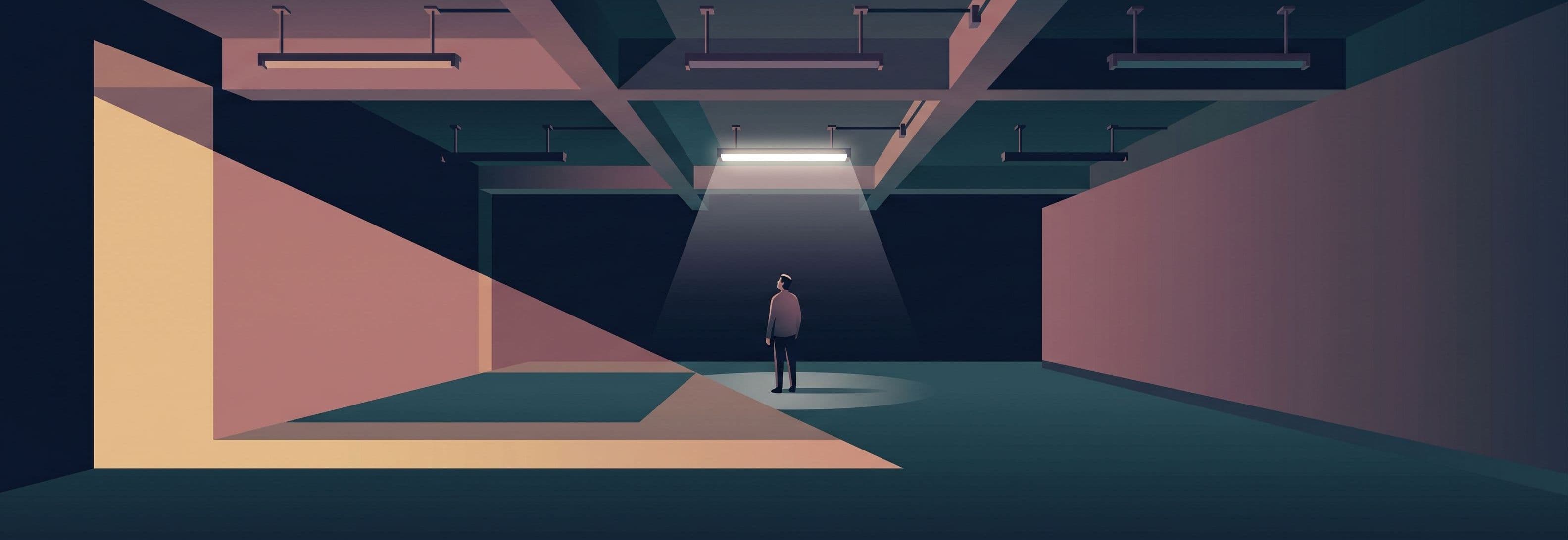 One lit fluorescent strip in a row of four mounted to a car park ceiling. Three positions dark. A small figure stands beneath