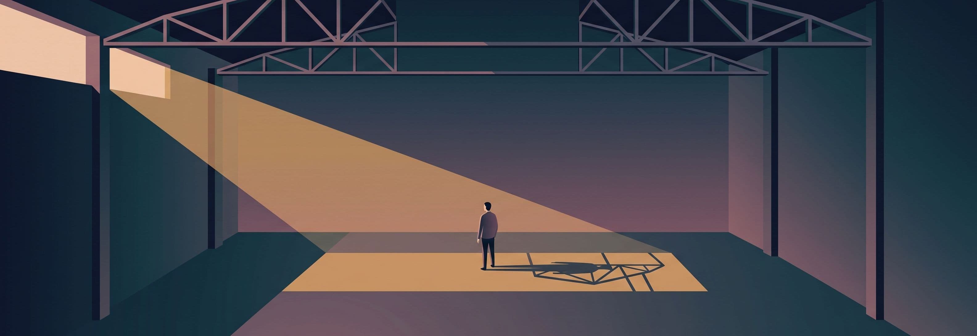 Figure in empty warehouse beneath two identical trusses. Its shadow has a different shape than its body.