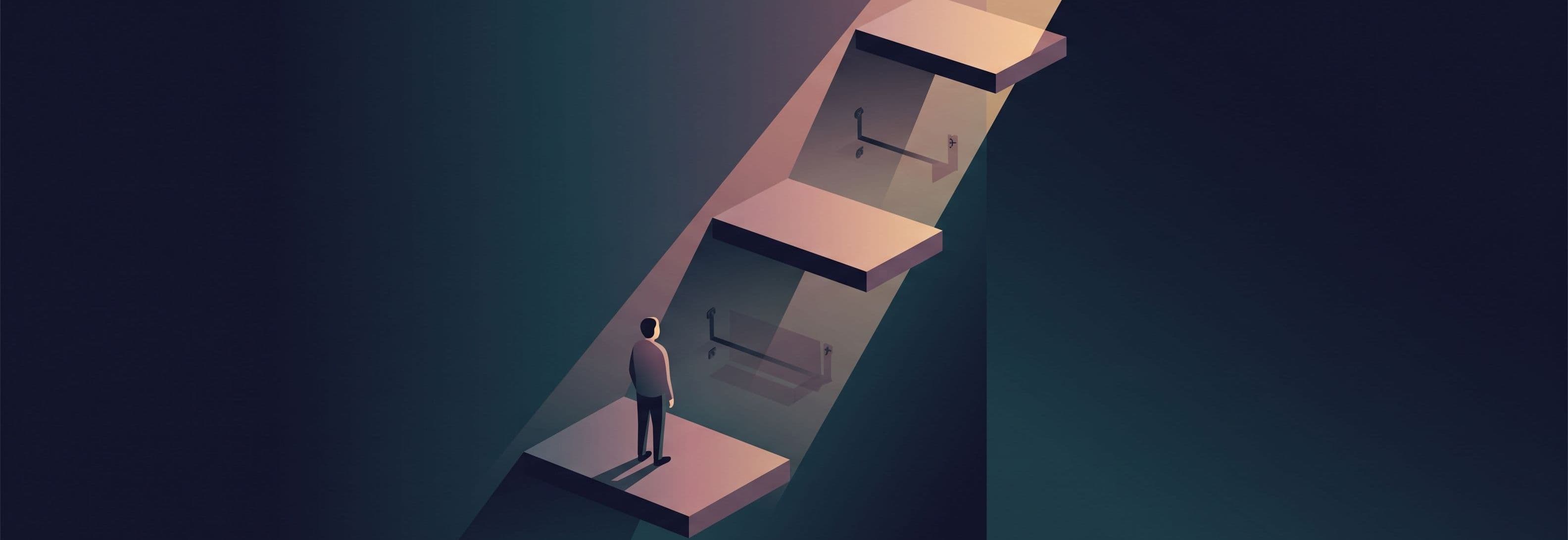 Figure on first landing of three identical platforms in a stairwell. The spaces between them are visibly empty where more