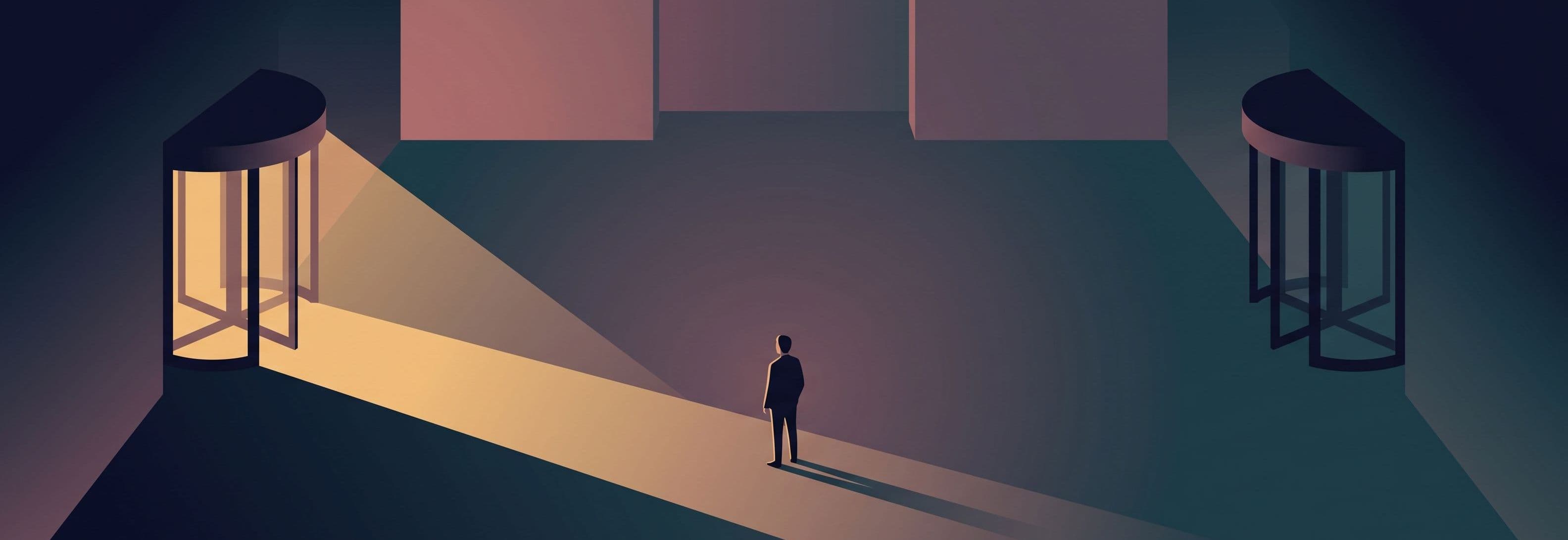 Lone figure in empty hotel lobby between two identical revolving doors. Left door casts sharp light. Right door casts none.