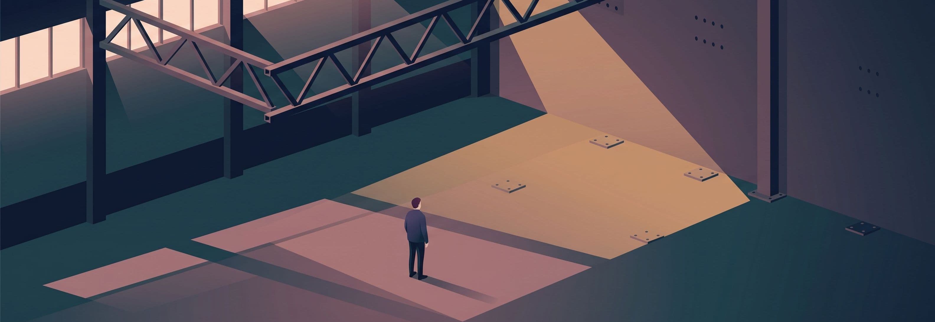One person stands in an empty warehouse. Two identical roof trusses run parallel overhead. Only one is there.