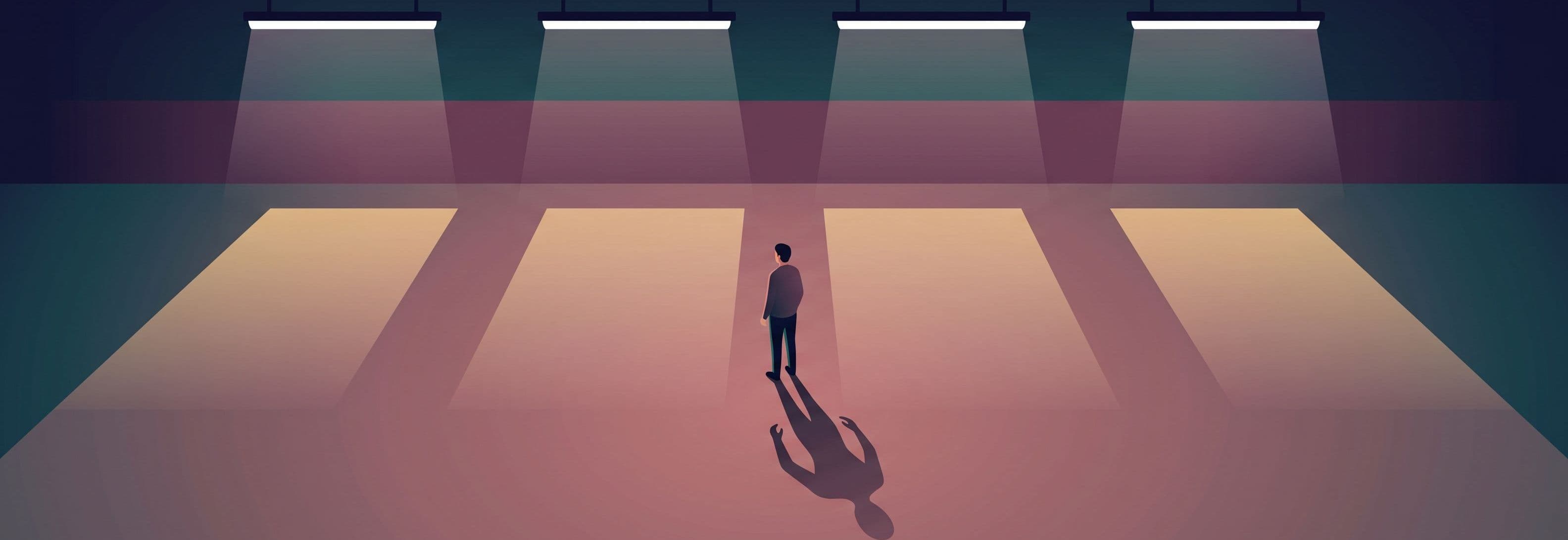 Figure in empty concrete car park beneath four identical overhead lights. The figure's shadow on the ground is not the shape
