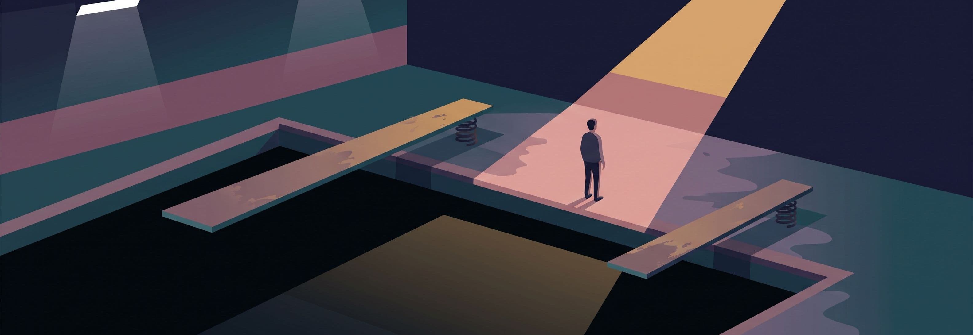 Lone figure in empty pool hall faces two identical diving boards, one grotesquely oversized, one ordinary. No visible reason
