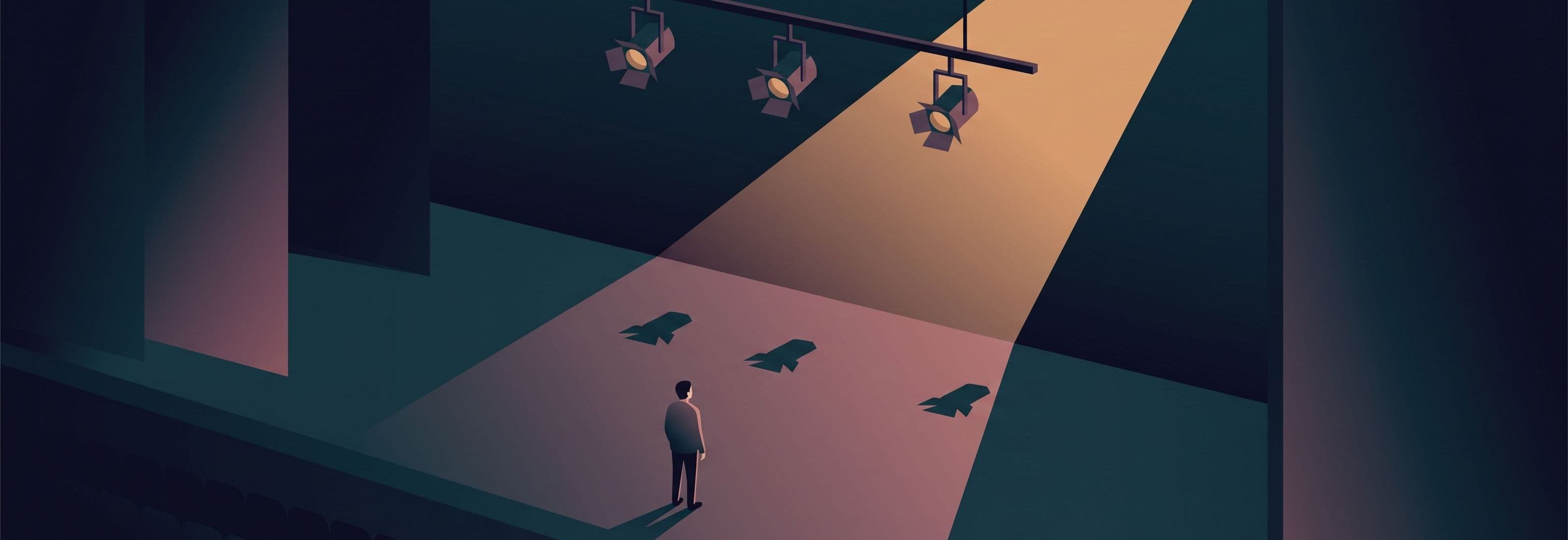 Figure on stage faces empty auditorium. Three identical lights hang above, casting shadows on the floor below them, but the
