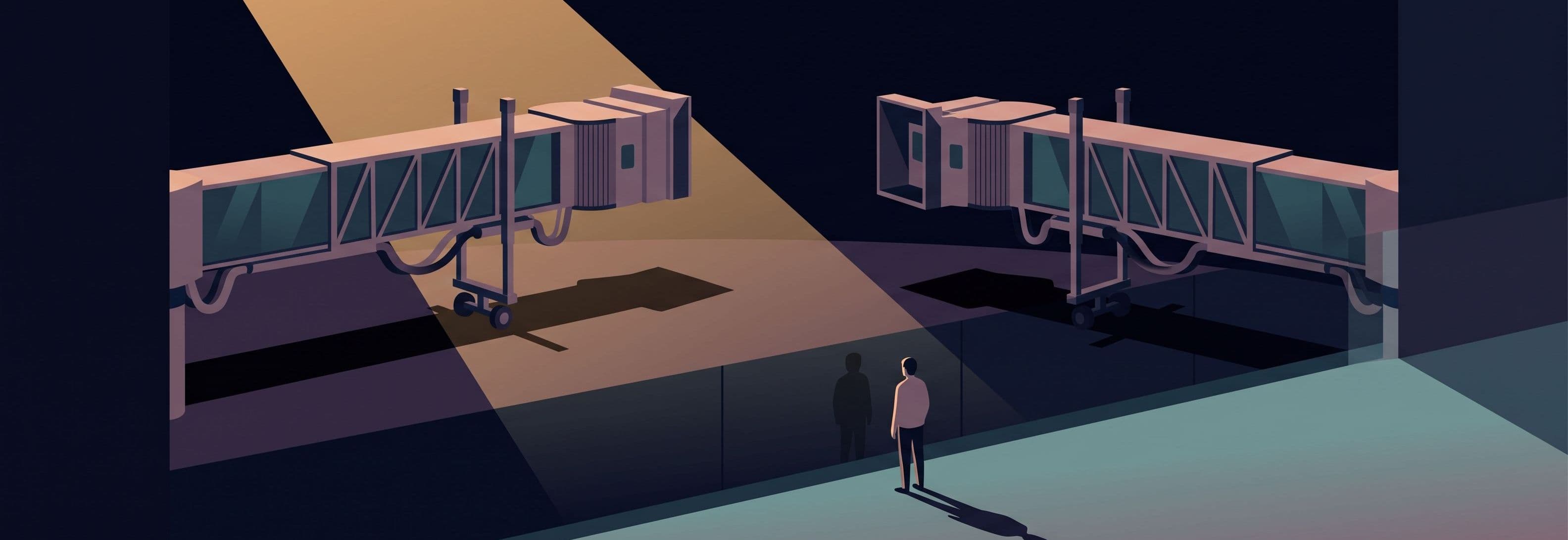 Two identical jet bridges hang above the tarmac, casting shadows as if still grounded. A figure watches from inside the