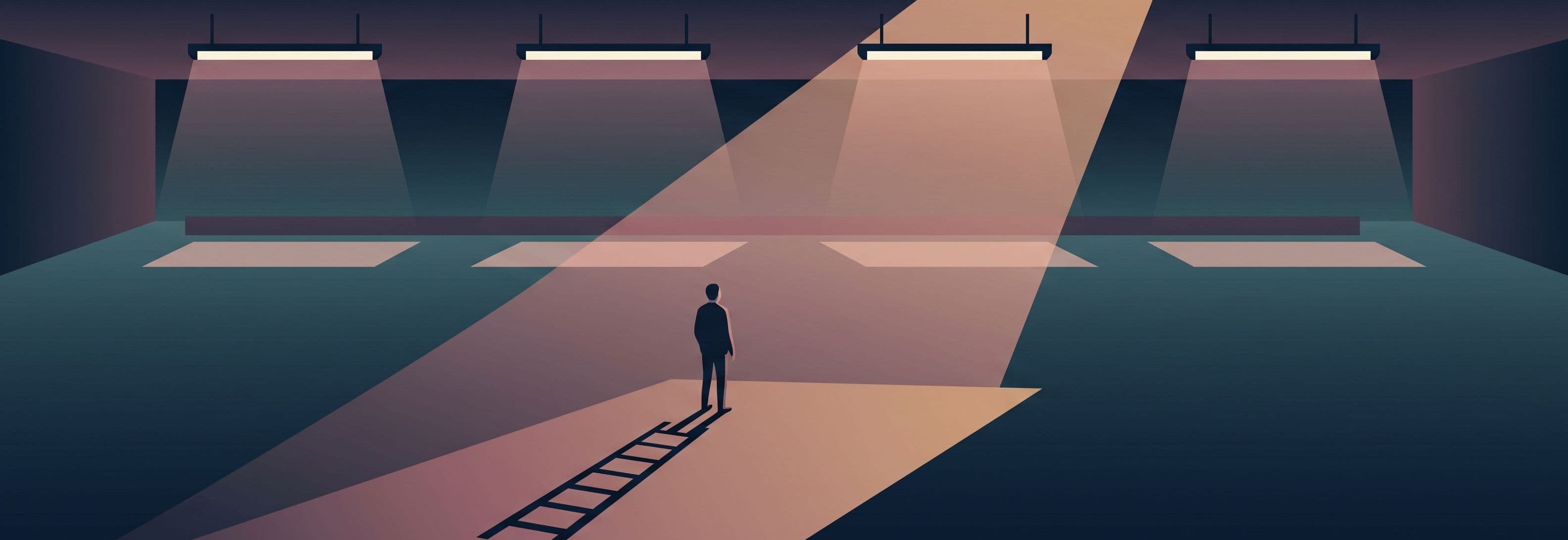 Lone figure in empty concrete car park beneath four identical ceiling lights. The figure's shadow on the ground shows a