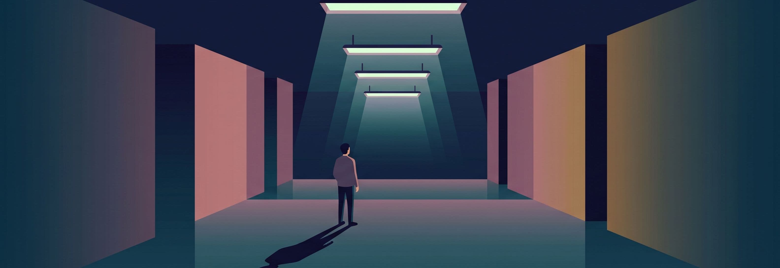 Figure in empty corridor with four ceiling lights overhead. The shadow cast on the floor matches none of them.