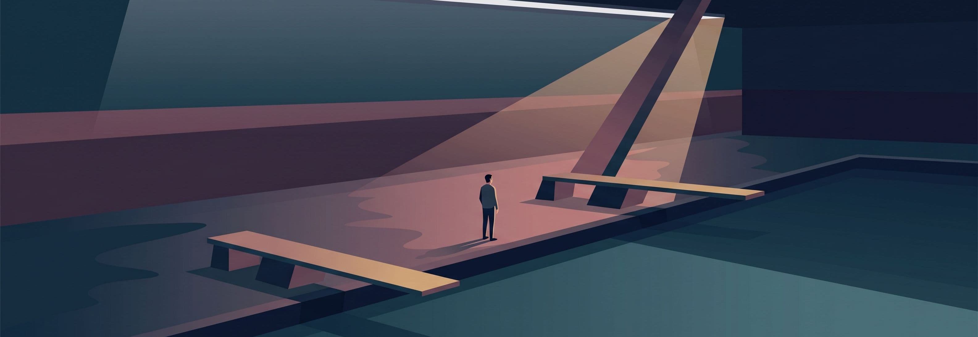 Lone figure on pool deck at night facing two identical diving boards; one normal, one grotesquely enlarged.