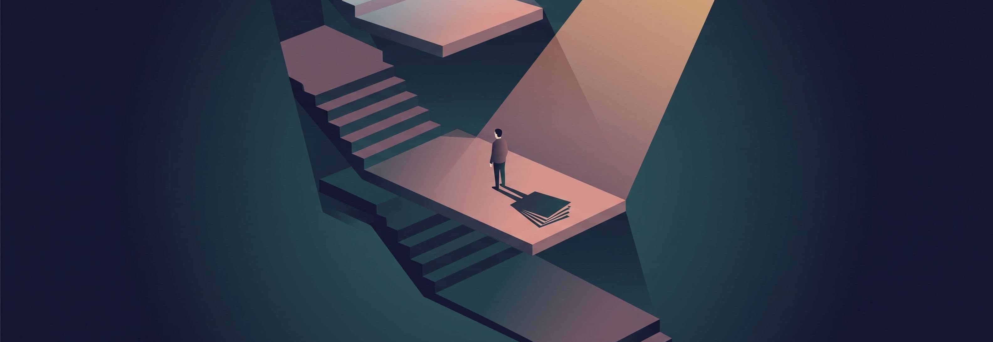 Lone figure on middle of three identical landings casts shadow of stacked papers instead of a person.