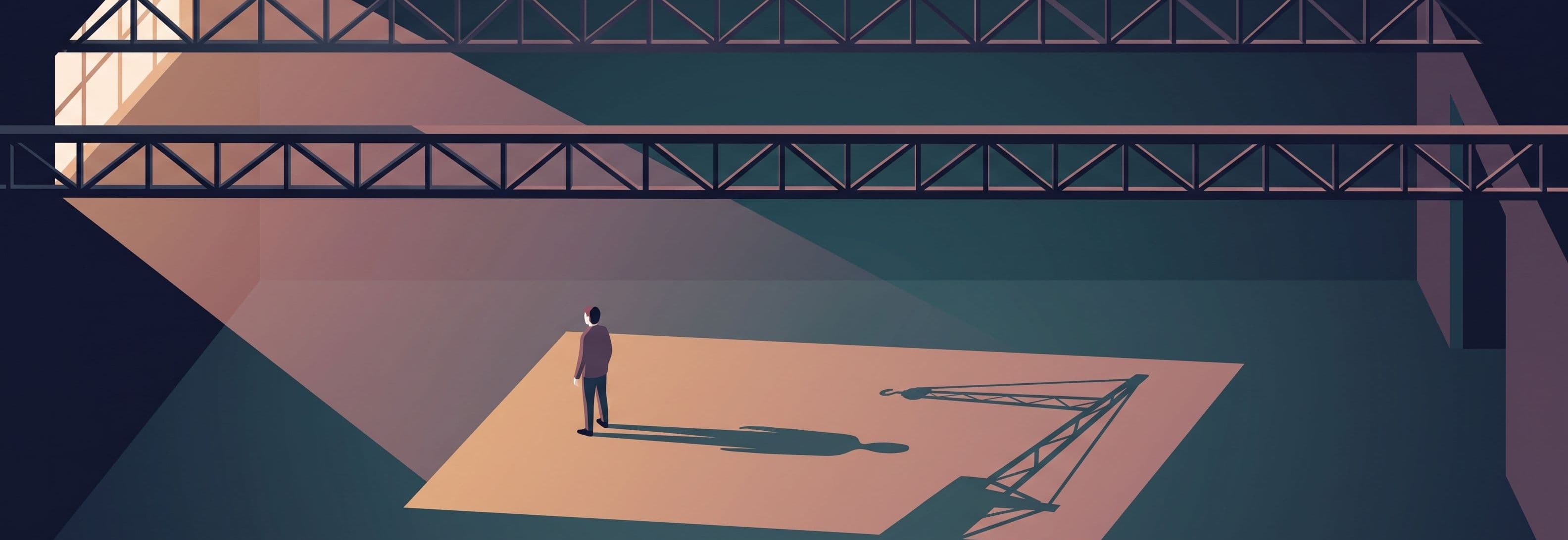 Lone figure on concrete floor beneath two identical steel trusses. Its shadow is the shape of machinery that isn't there.