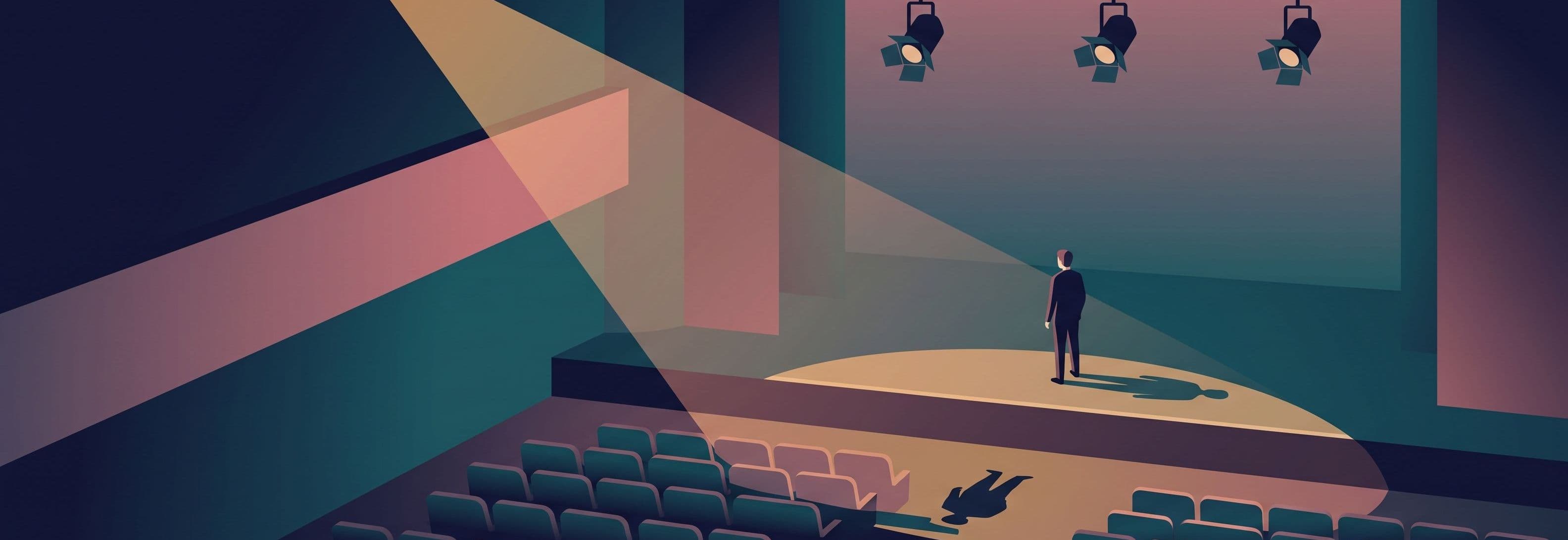 Figure on stage casts two contradictory shadows into empty auditorium below, each oriented differently from the same body.
