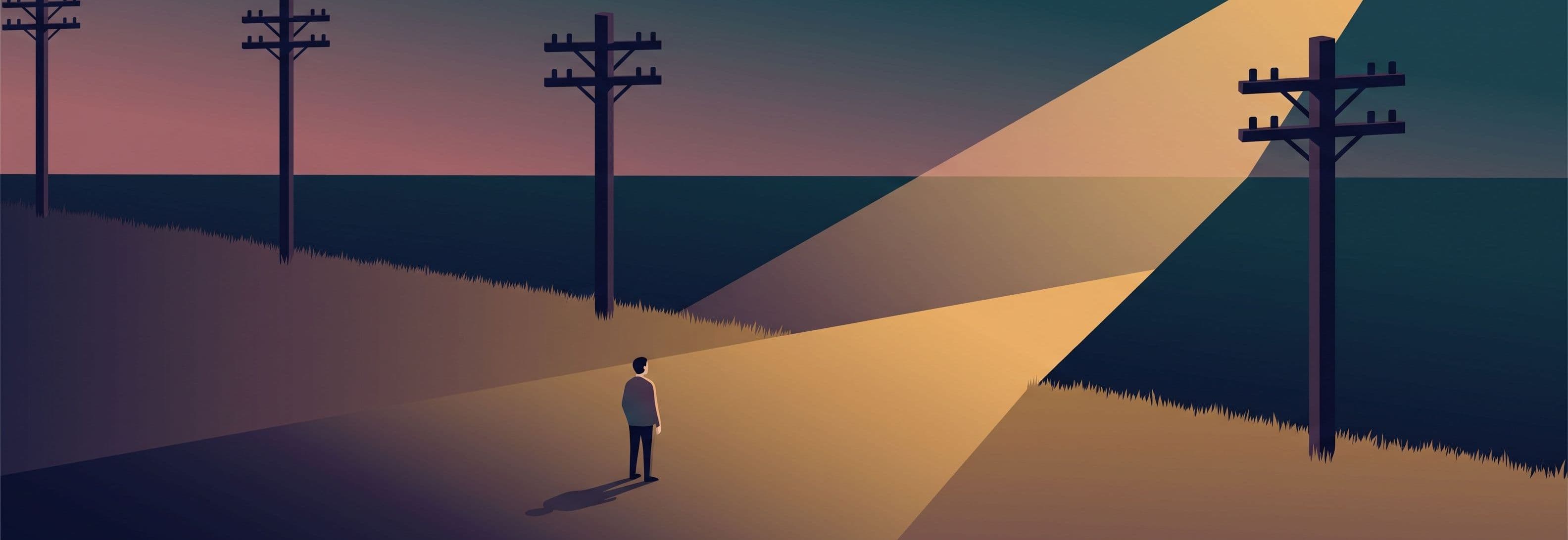 Empty field at dusk. Four telegraph poles in a row, one missing. The gap glows while the three present poles sit in shadow.