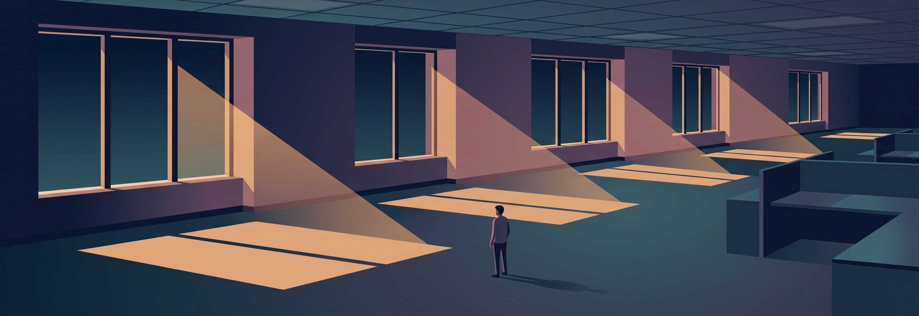 Figure in empty office; daylight shadow passes straight through four identical window bays and the walls between them as if