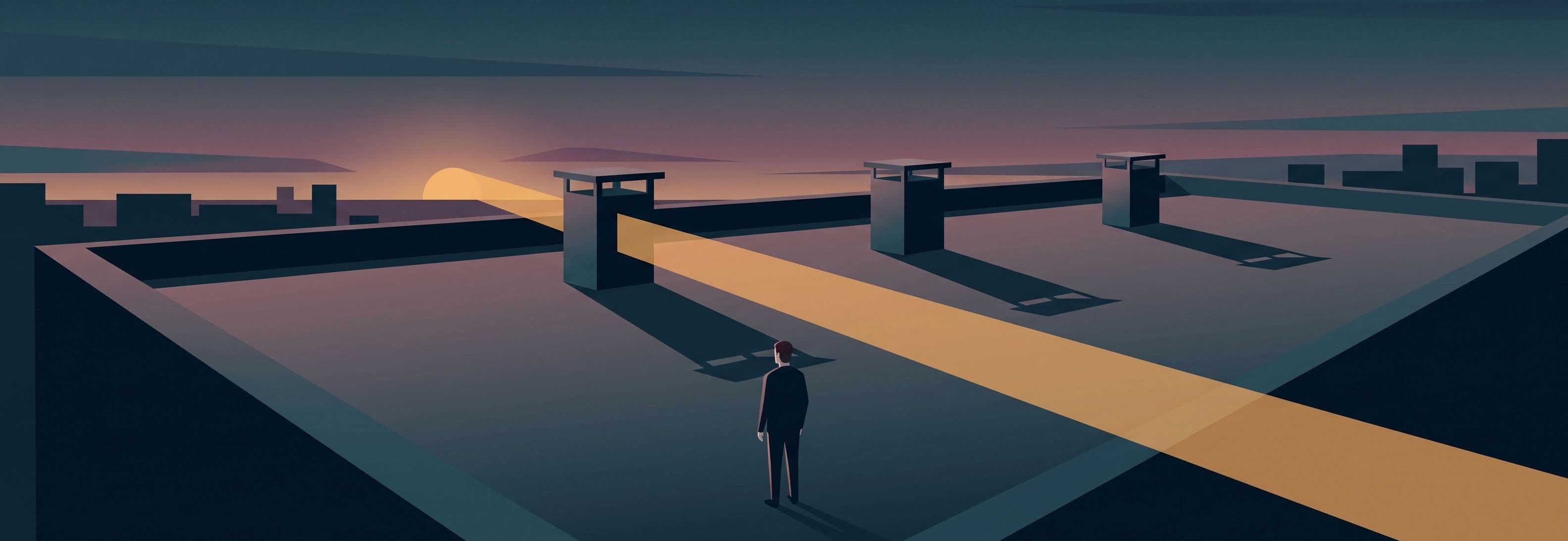 Figure on a rooftop at dusk. Three identical vents. Sunlight passes through one as if it were not there.