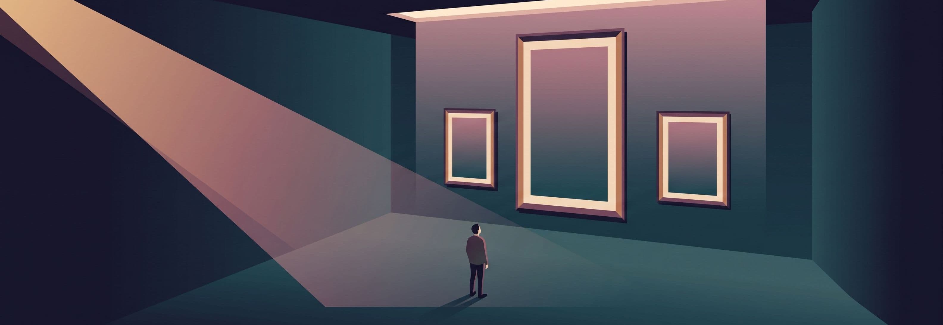 A lone figure faces three identical frames on a gallery wall. The center frame towers impossibly larger than the two beside