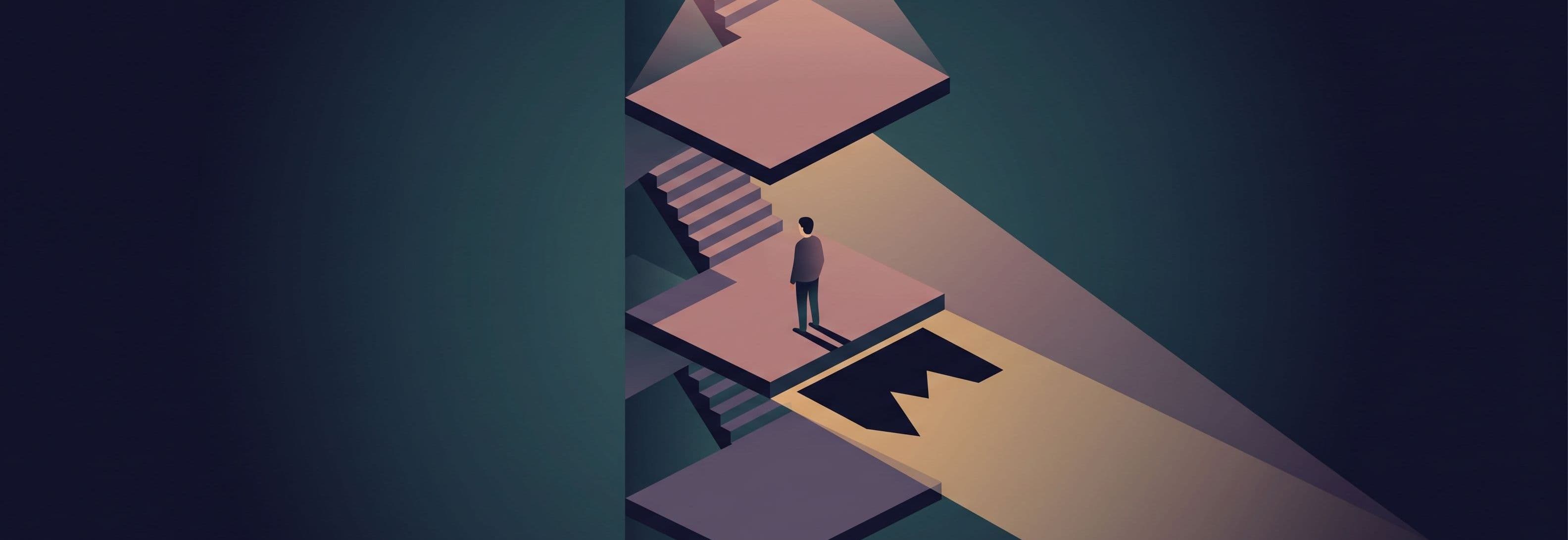Figure on middle landing of bare stairwell. Three identical landings visible. Shadow cast downward is a graph, not a person.