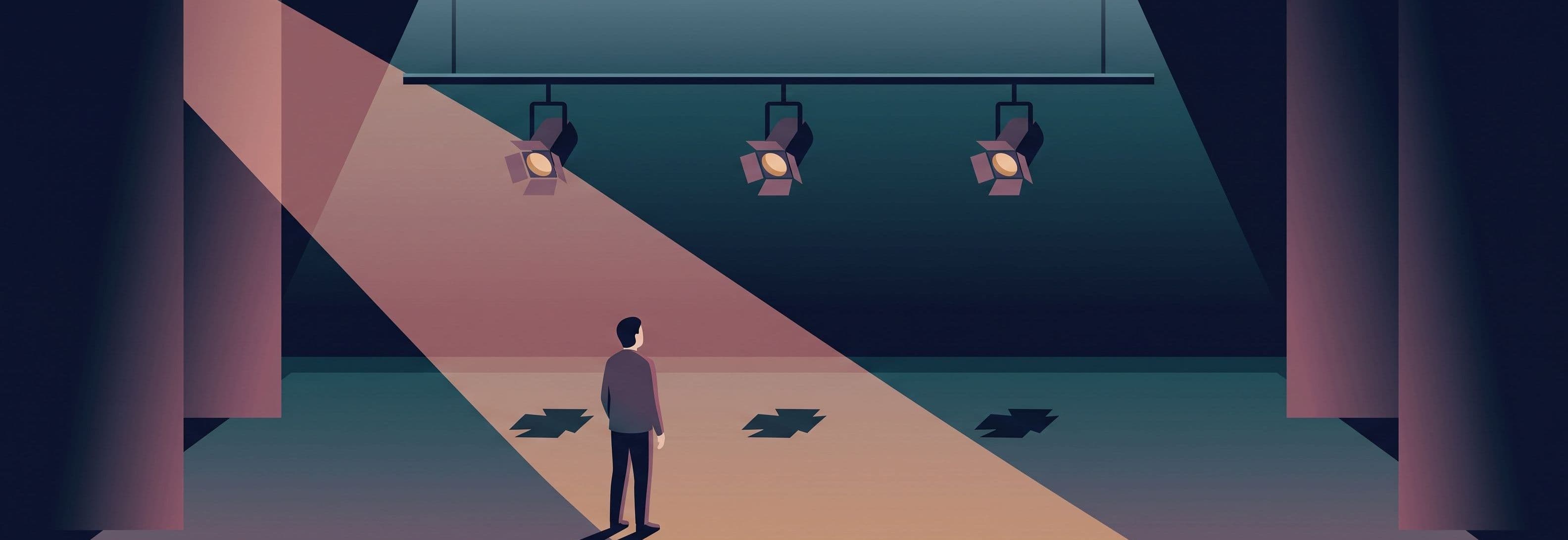 Three suspended stage lights cast shadows on the floor below them while hanging above where they rest.