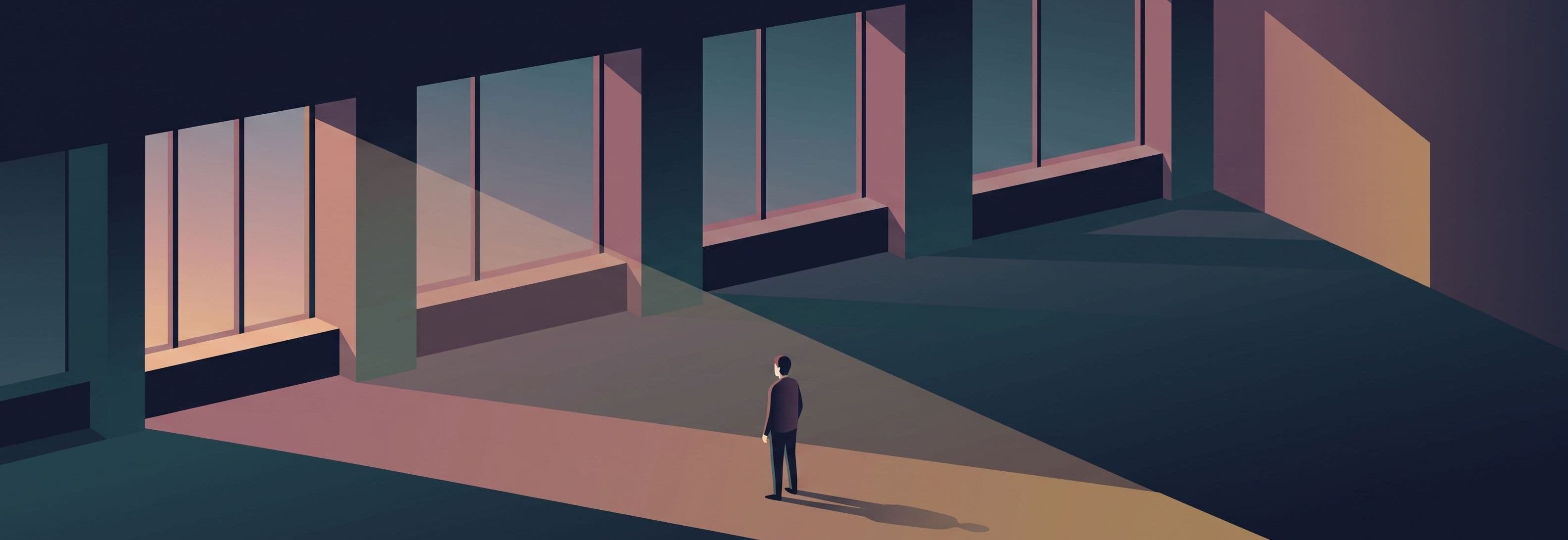 Lone figure in empty office. Morning light passes straight through a solid glass wall as if the wall were not there.