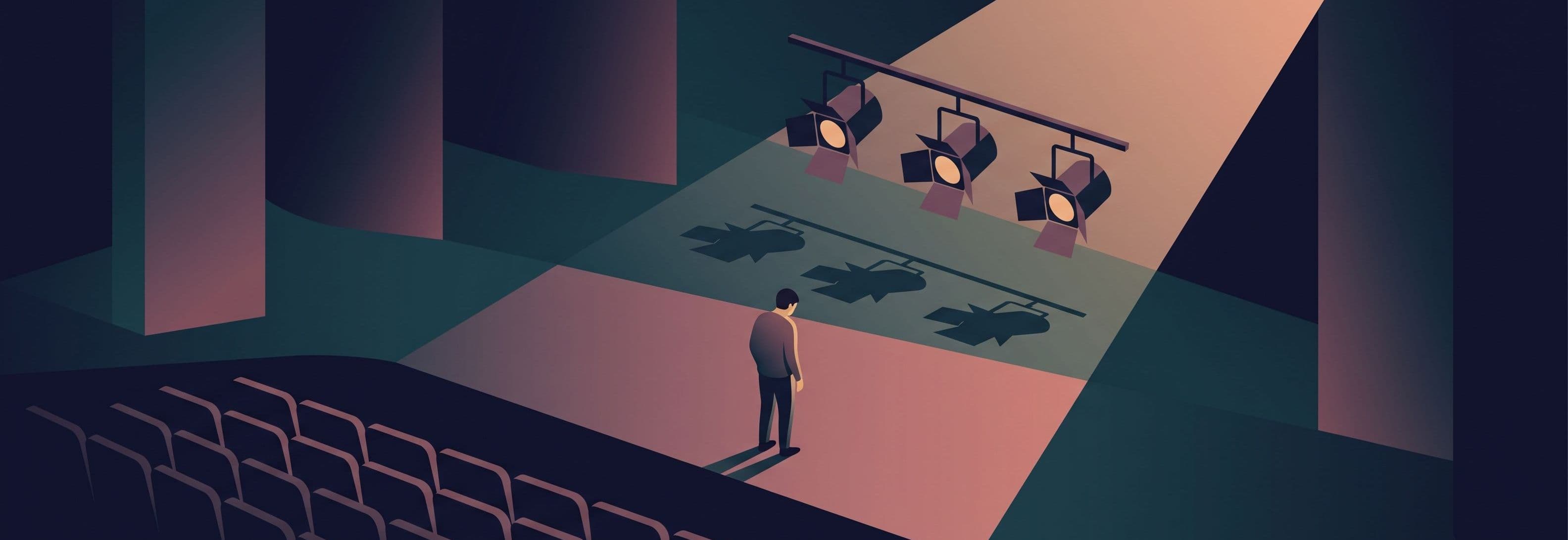 Suspended stage lights cast shadows as if still touching ground. Figure stands below, facing empty seats.