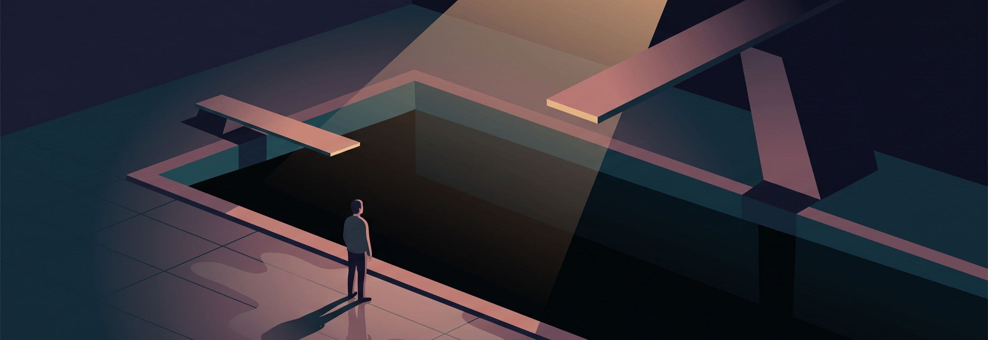 Figure alone in a pool hall facing two identical diving boards. One is normal. One is impossibly, inexplicably enormous.