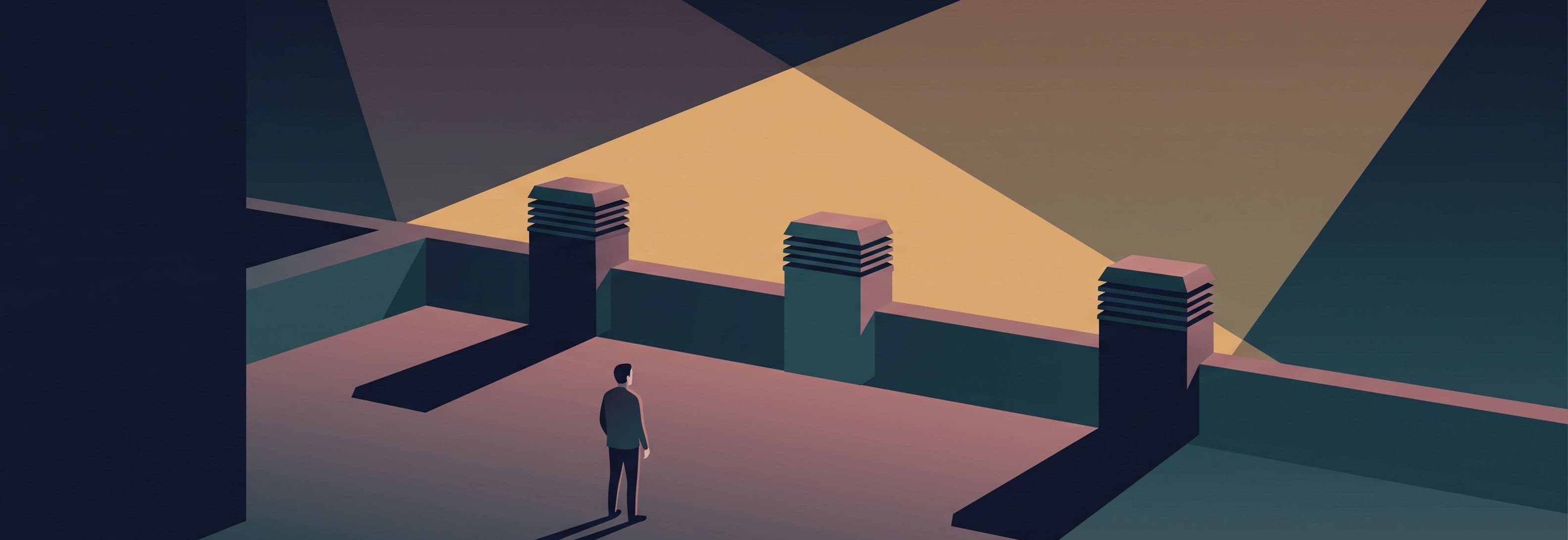 Figure on rooftop facing three identical ventilation stacks. First casts shadow east, second casts none, third casts shadow