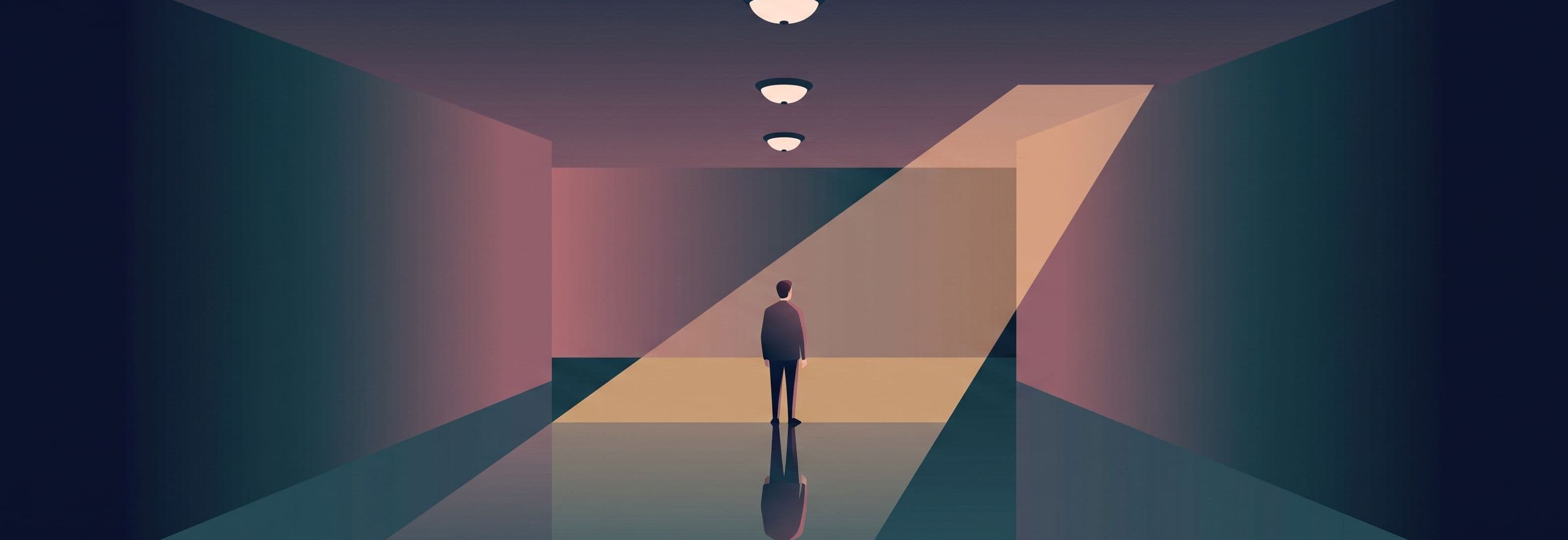 Figure in empty corridor, four identical ceiling lights overhead. The figure's floor reflection faces a different direction