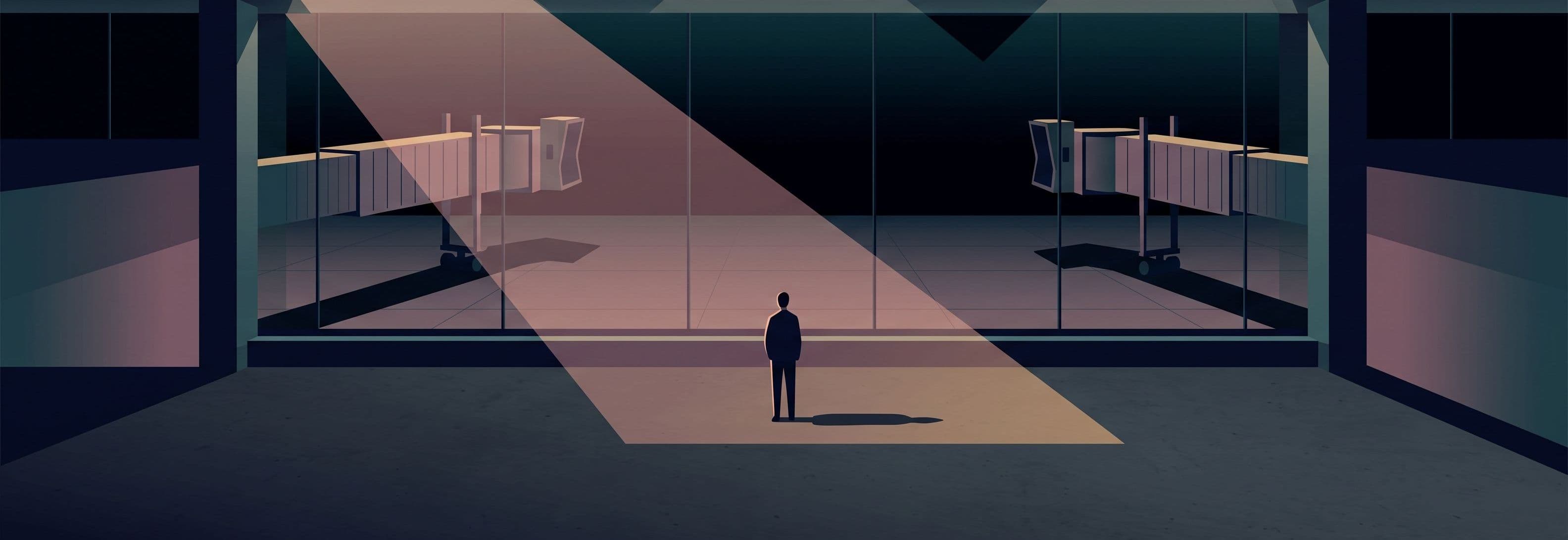 Two identical jet bridges hang suspended above the tarmac while their shadows remain on the ground below.