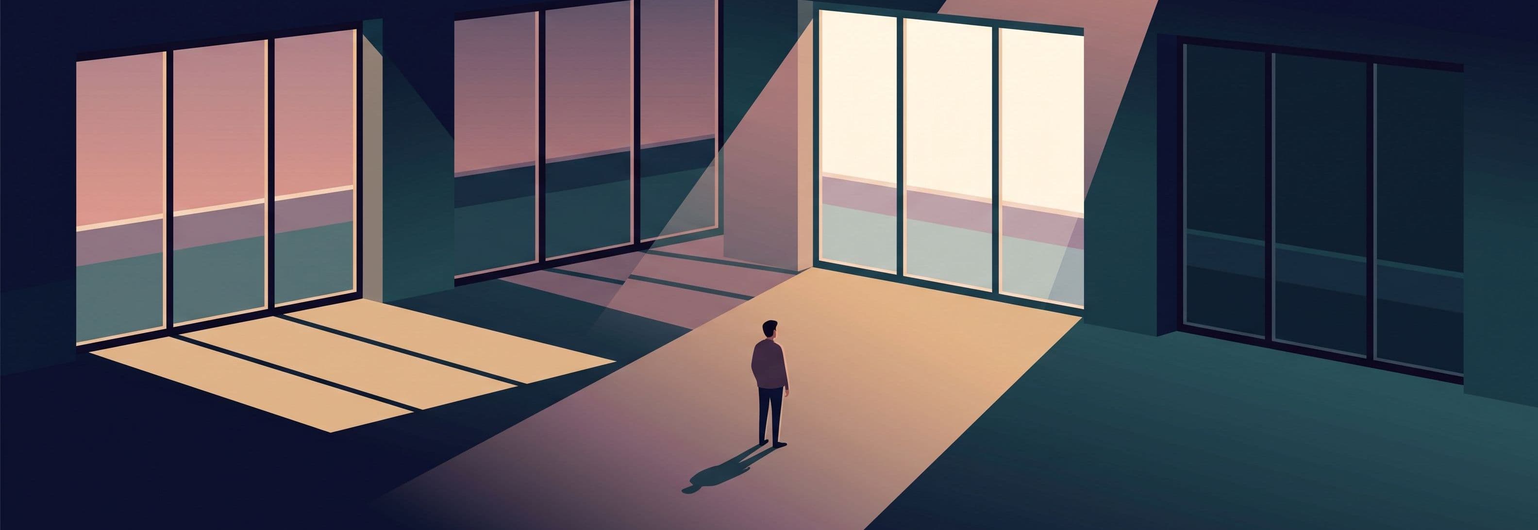 Empty office floor. Figure facing four identical window bays. Each throws a different light—sharp morning, deep afternoon