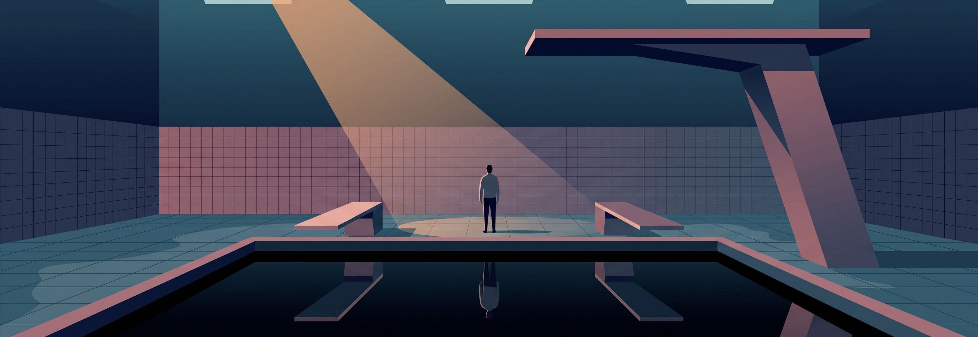 A figure stands between two identical diving boards in an empty pool hall at night. One board is impossibly enormous.