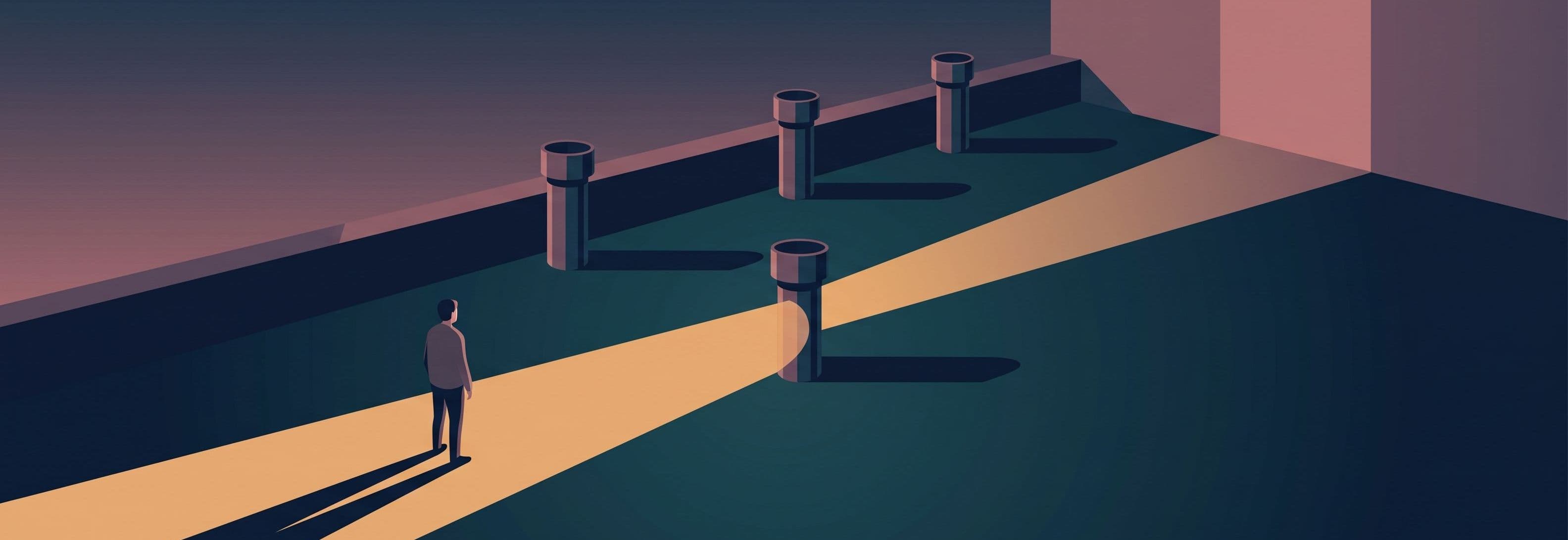Figure on rooftop at dusk. Three identical ventilation stacks. A beam of light passes straight through the nearest stack