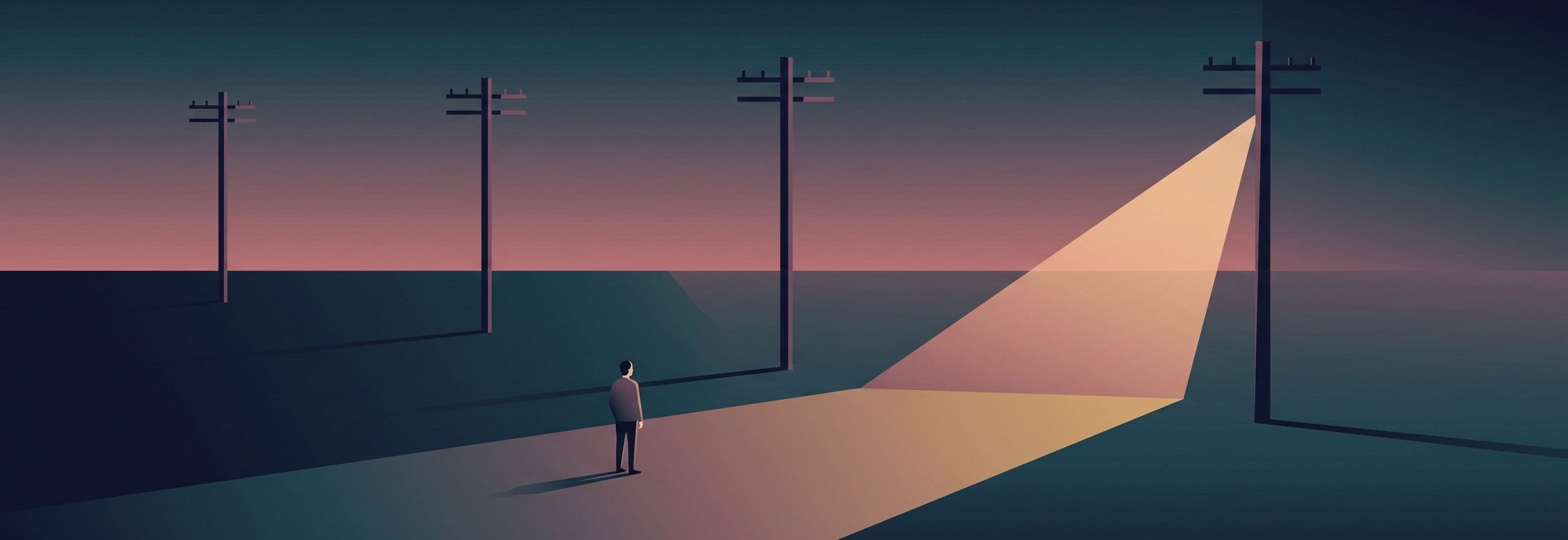 Four telegraph poles in a darkening field. Three stand in shadow. The fourth is missing, and its absence is lit.