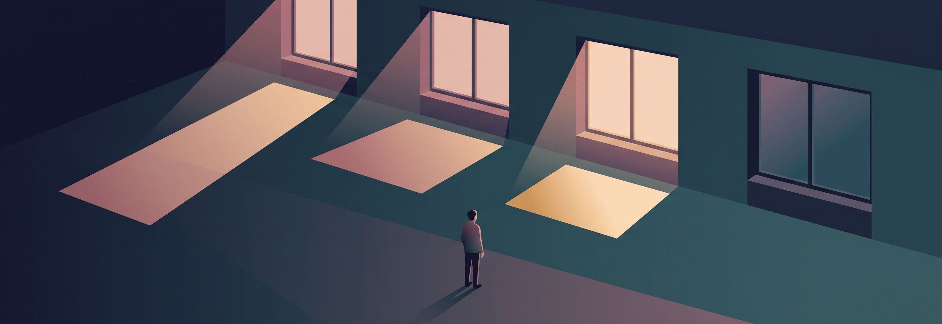 Lone figure in empty office. Four identical windows cast four different lights—steep angle, shallow angle, perpendicular