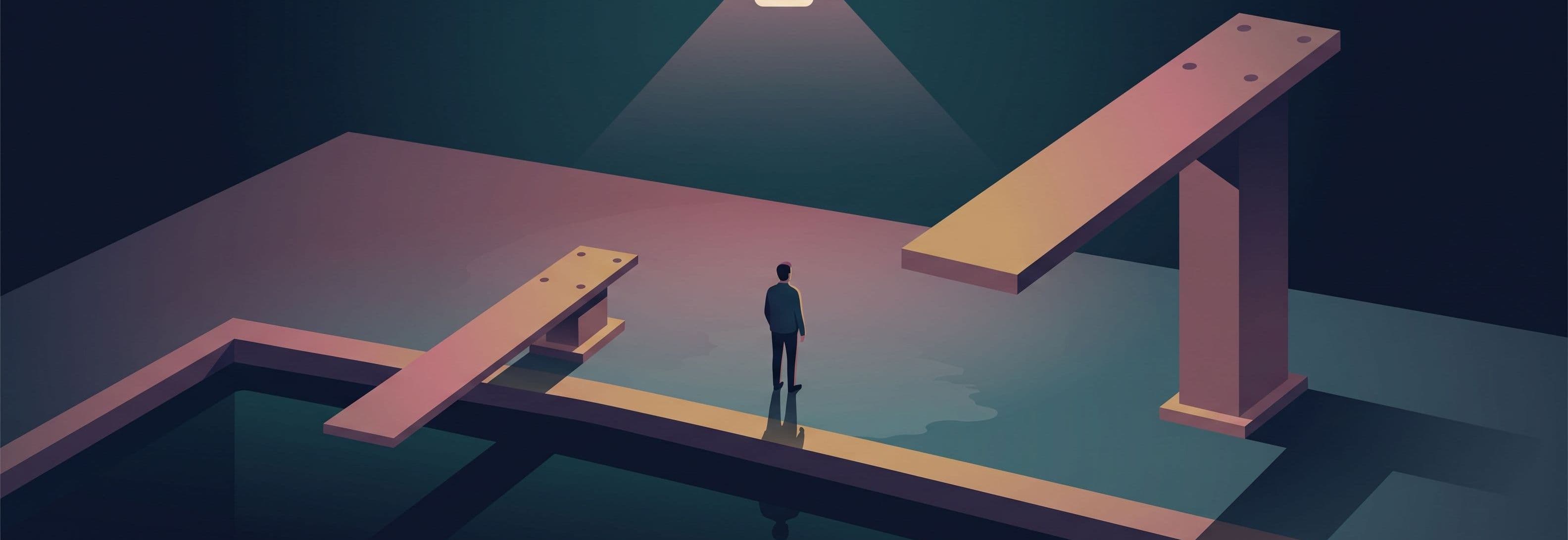 One figure stands between two identical diving boards in an empty pool hall at night. One board is impossibly large.