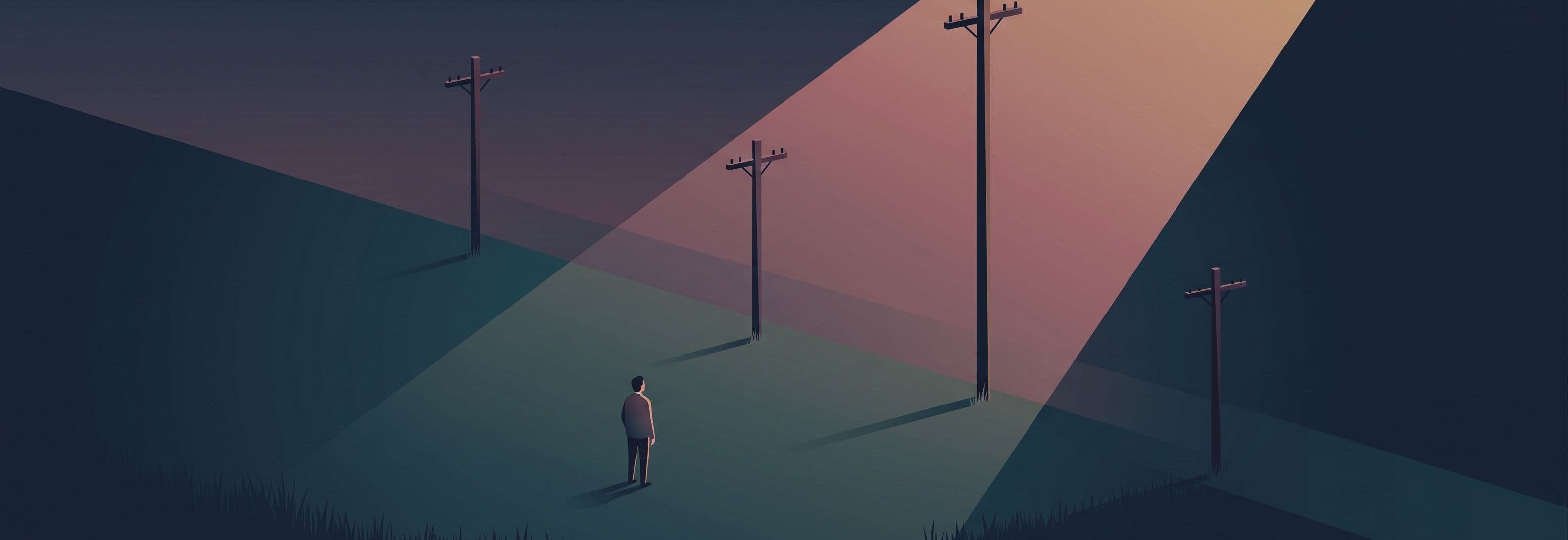 A lone figure stands in a flat field at dusk. Four telegraph poles recede into distance. One towers far above the others for