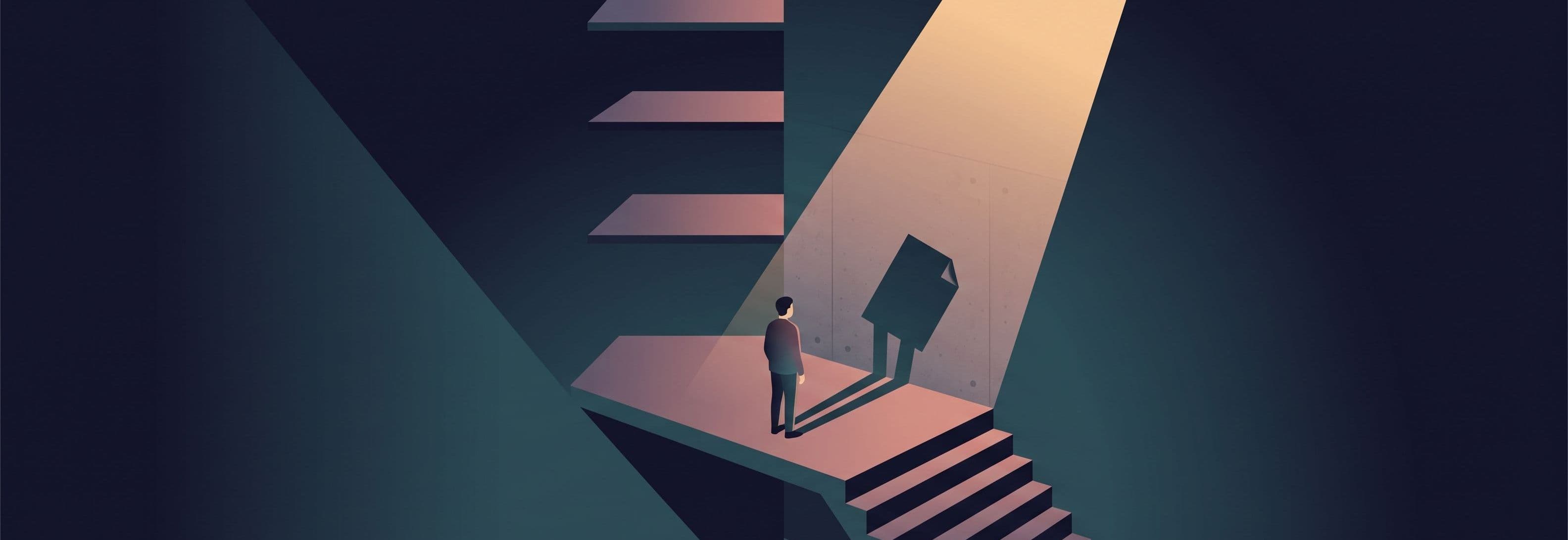 A lone figure on a concrete stairwell casts the shadow of a document on the wall behind them.