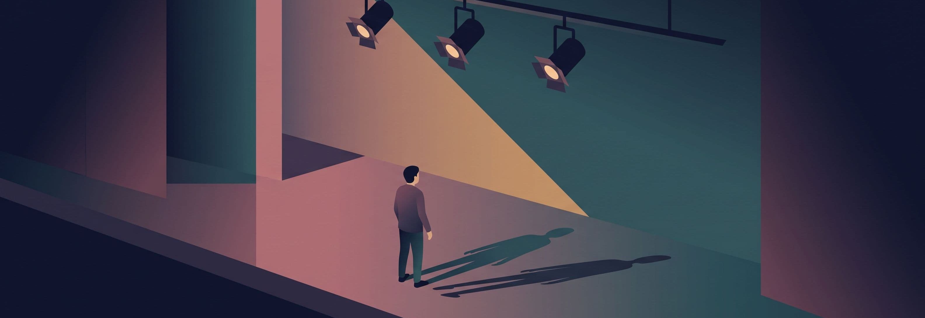 Solitary figure on empty stage beneath three identical lights. Two shadows match the fixtures. One shadow has no source.